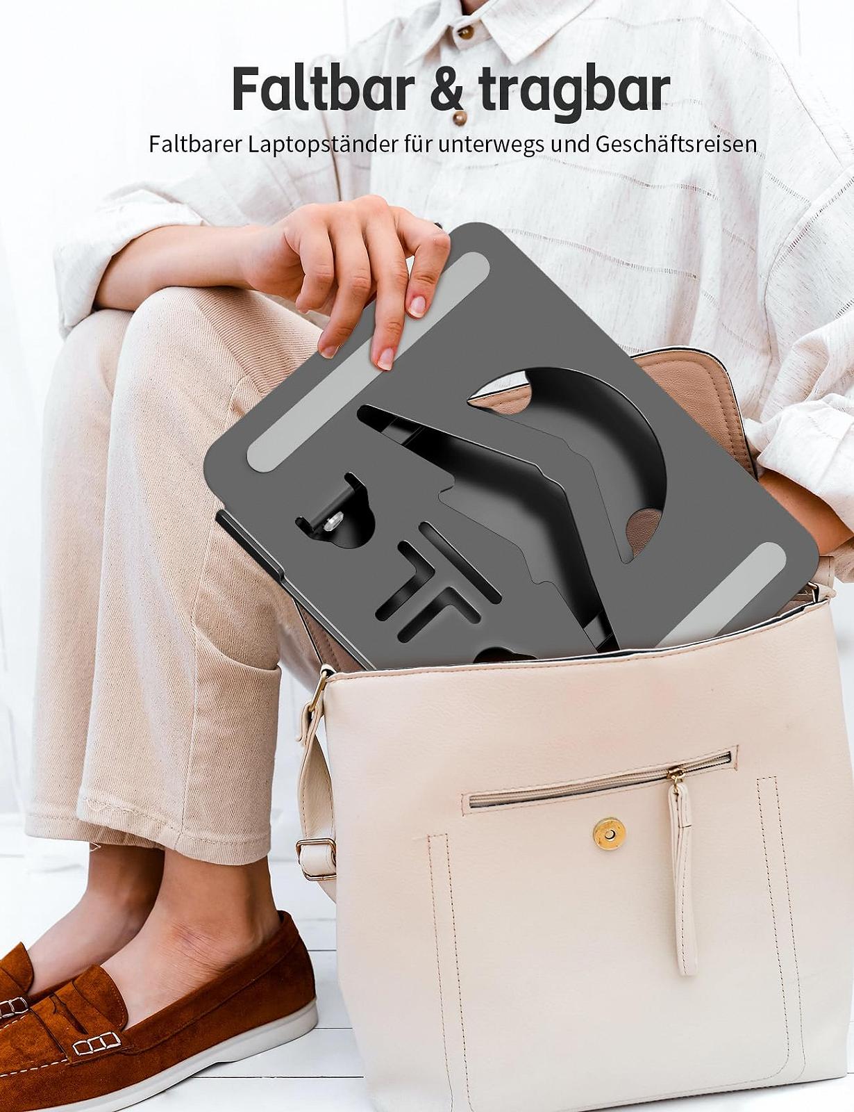 Підставка для ноутбука алюмінієва ергономічна, регульована по висоті та складна, стабільна та нековзка, покращена вентиляція, сумісна з MacBook (до 15,6 дюймів), чорна, фото №7