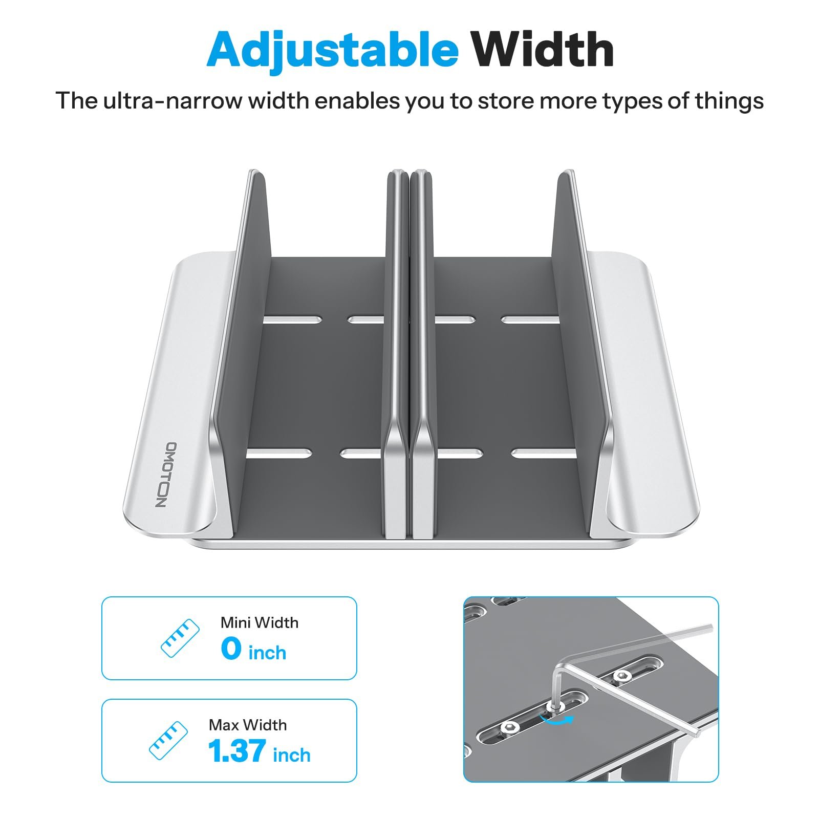 Вертикальна Підставка OMOTON Алюмінієва з 3 Слотами для Ноутбука, Регульована, Срібна, фото №2