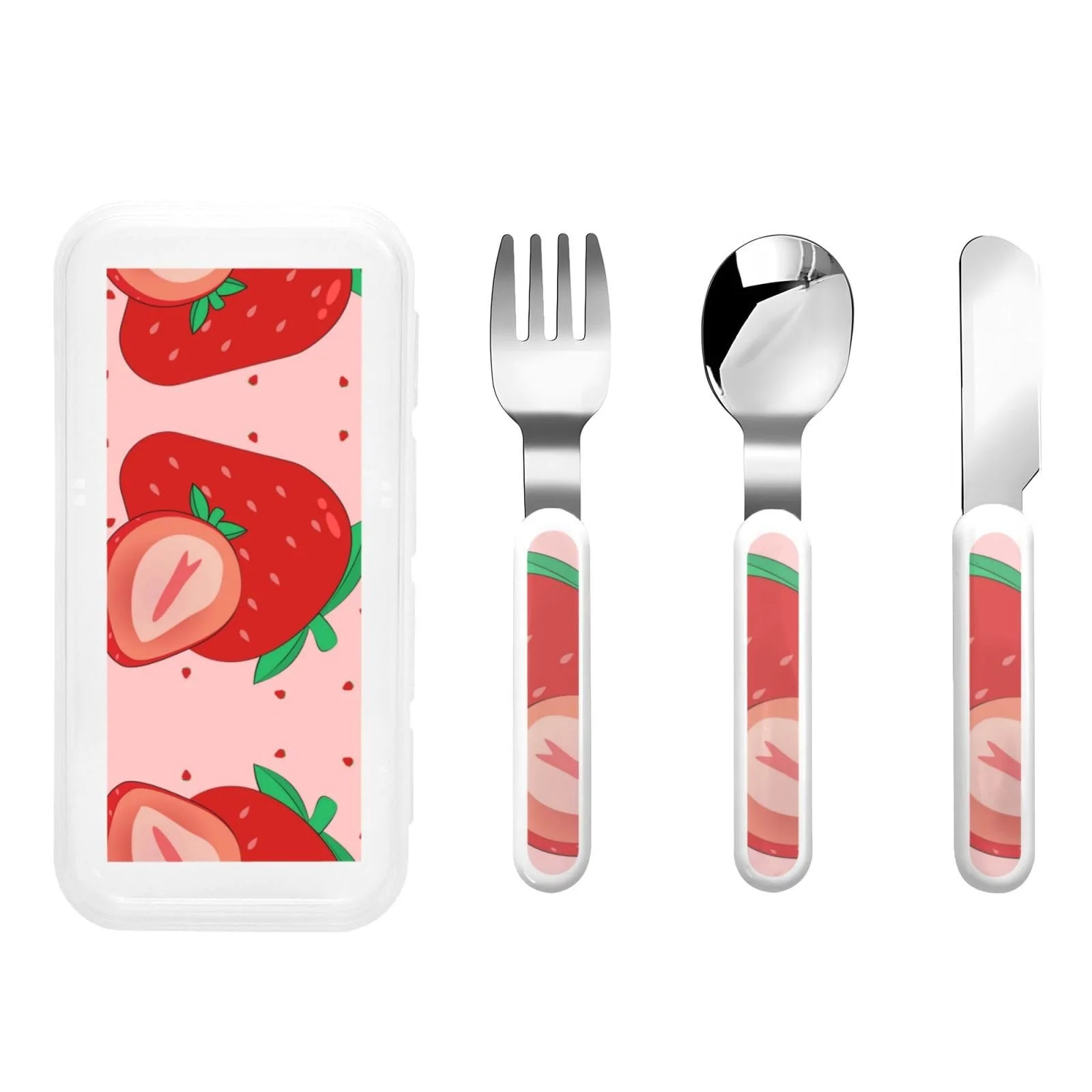 Дитячий набір столових приборів з мультяшним полуничним принтом, три предмети, фото №1 Дитячий набір столових приборів з мультяшним полуничним принтом, три предмети, фото №1
