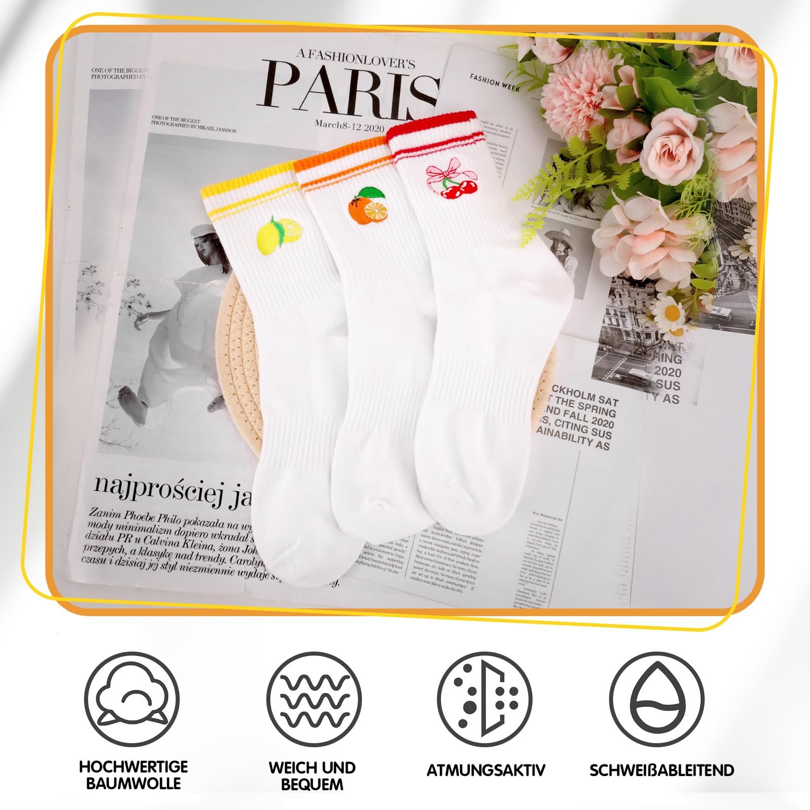 Теннисные носки Белые носки с фруктовым мотивом и полосками 3 пары, размер 36-42, фото №4