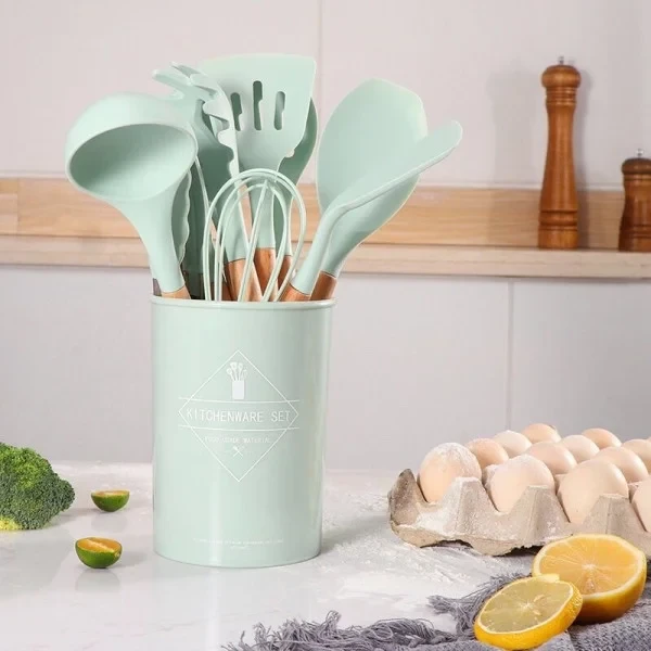 Набор силиконовых кухонных принадлежностей 12 предметов RD-1204 Кухонный из силикона и дерева Бирюзовый, фото №3