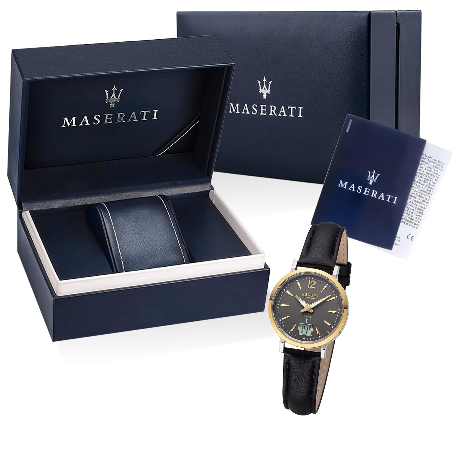 Женские аналого-цифровые часы REGENT URFR283, черный кожаный ремешок, серебристый, золото-серый ремешок., фото №4