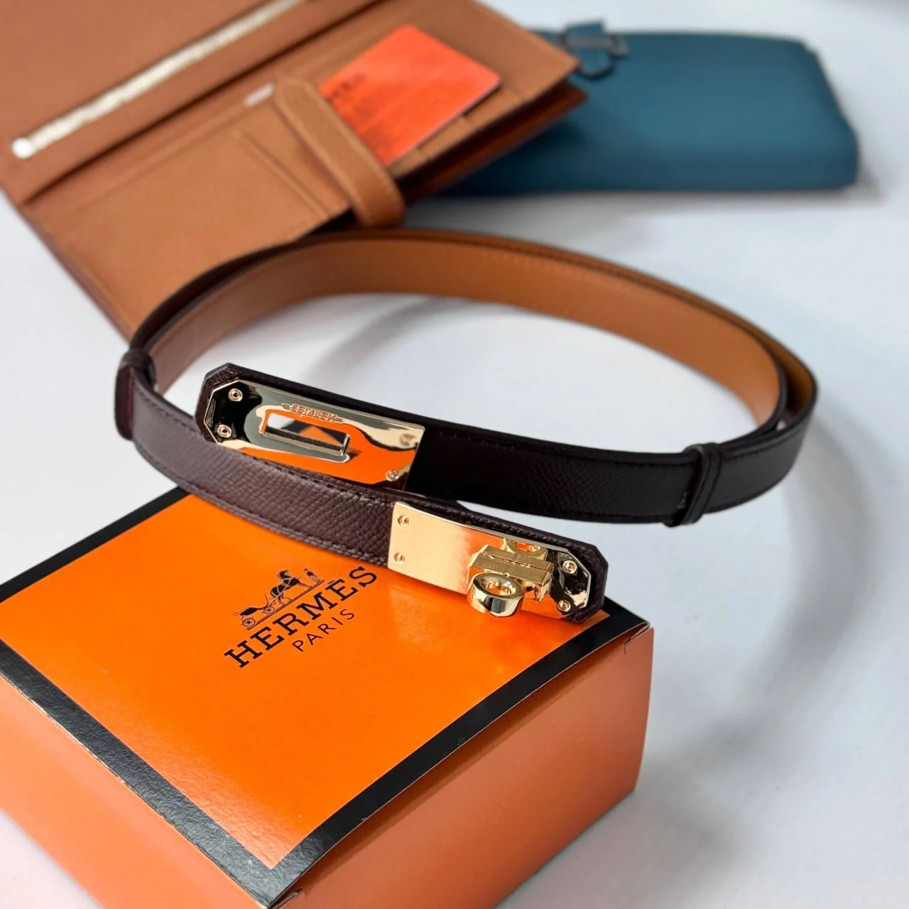 Ремінь жіночий темно коричневий шкіряний Hermes, фото №7