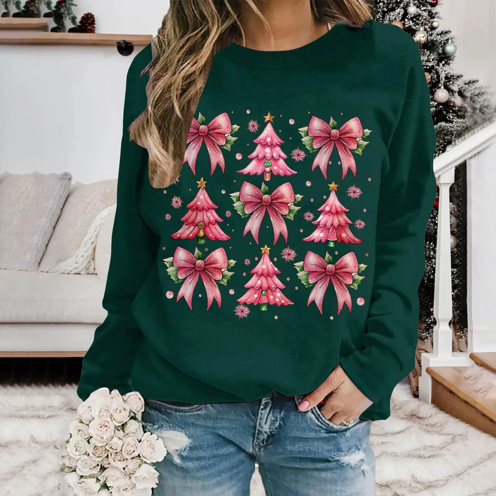 Женский свитшот Xmas 2025 Зимний теплый Женский Рождественский Модный Повседневный бант Санта Принт Длинный рукав Круглый вырез 4X Женский свитшот, фото №3