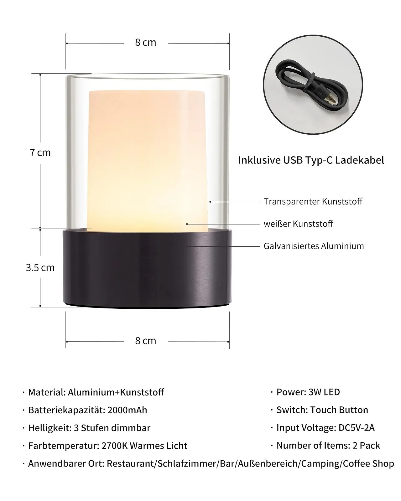 Настільна лампа VISDANFO LED Wireless Набір 2 шт. Сенсорна Акумуляторна Чорний, фото №5