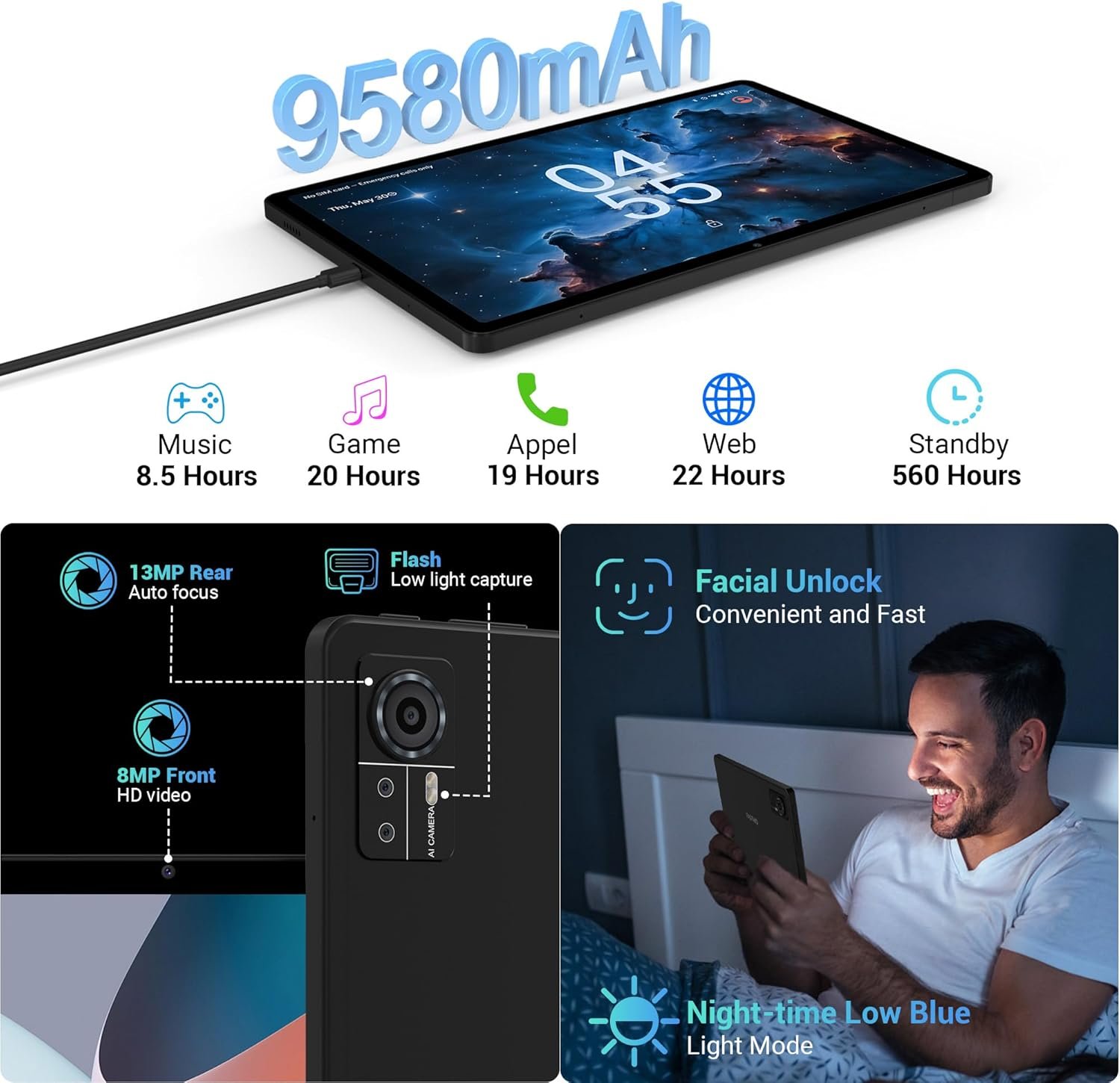 Планшет 11" 2K FASTWD T181 12+24/256Gb 4G 2-SIM 8 ядер Android 14 9580 mAh Черный, фото №6