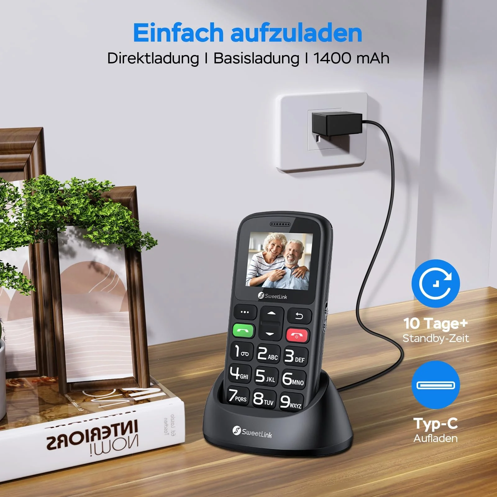 Мобільний телефон SweetLink S2PLUS для літніх людей без контракту - Dual SIM 2G GSM з батареєю 1400 мАг, кнопка екстреного виклику SOS, 1.77-дюймовий дисплей з великими кнопками, зарядна станція та FM-радіо, фото №5