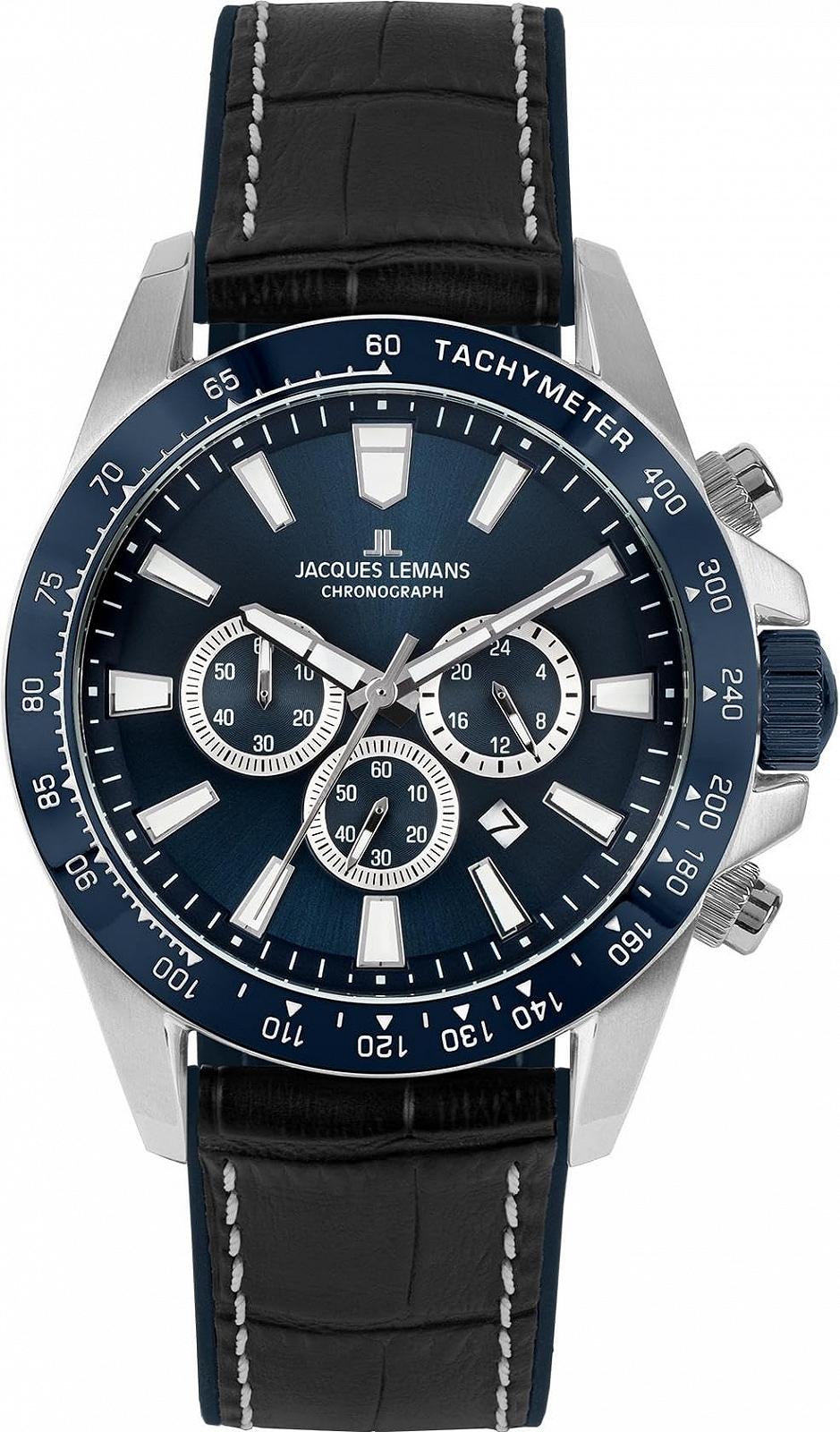 Мужские часы хронограф Jacques Lemans Liverpool 1-2140B черный/синий с ремешком, фото №1