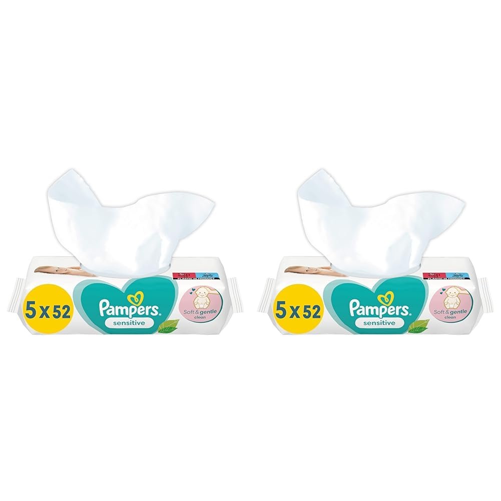 Детские салфетки Pampers Sensitive 260 штук (5 x 52) Без запаха для нежного и мягкого очищения (2 упаковки), фото №1