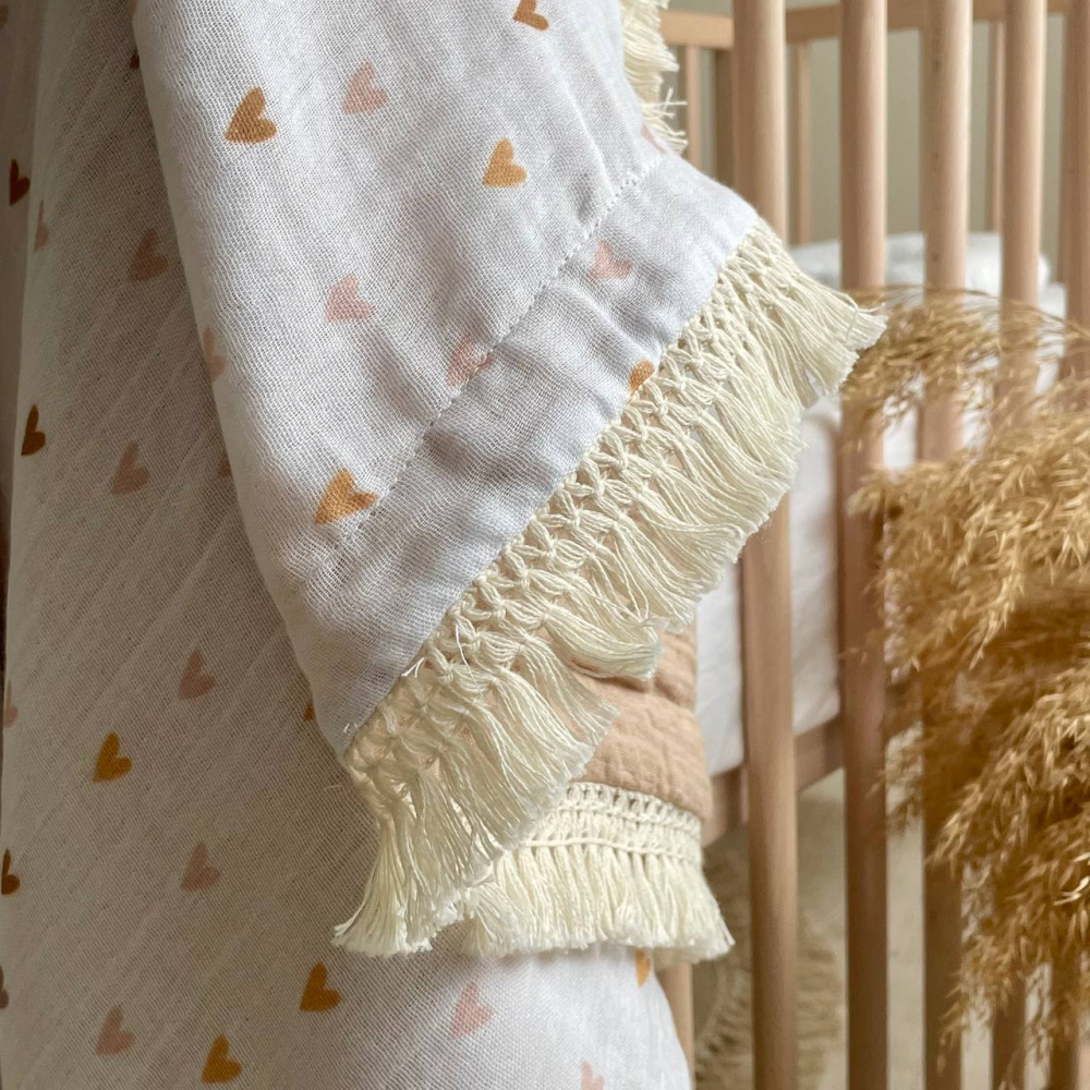 Плед муслин жатка Сердечки беж и бахрома 80х100, фото №2 Плед муслин жатка Сердечки беж и бахрома 80х100, фото №2