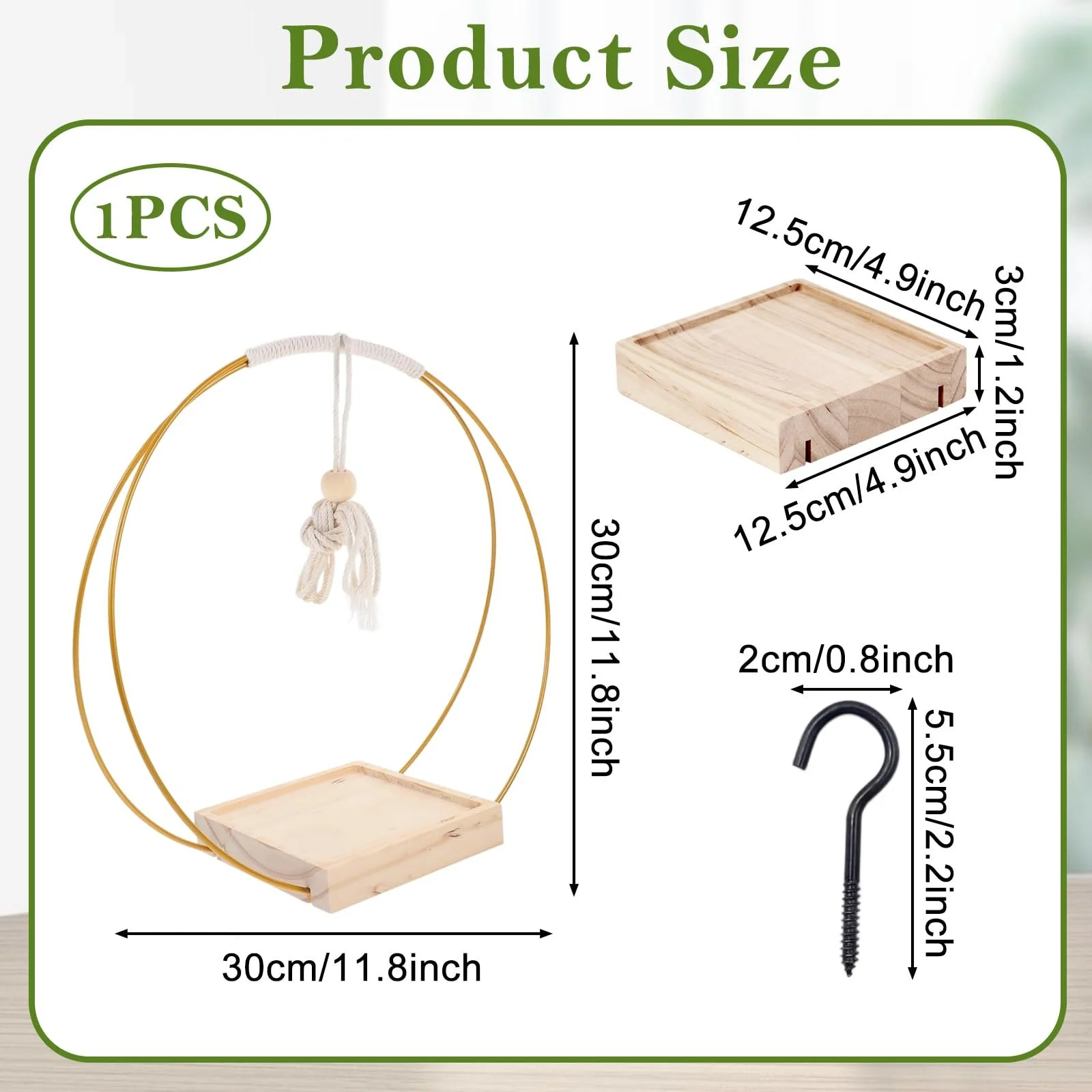 Подвесной вазон Металлическое кольцо с деревянным основанием 30 x 30 см Золотой, фото №2