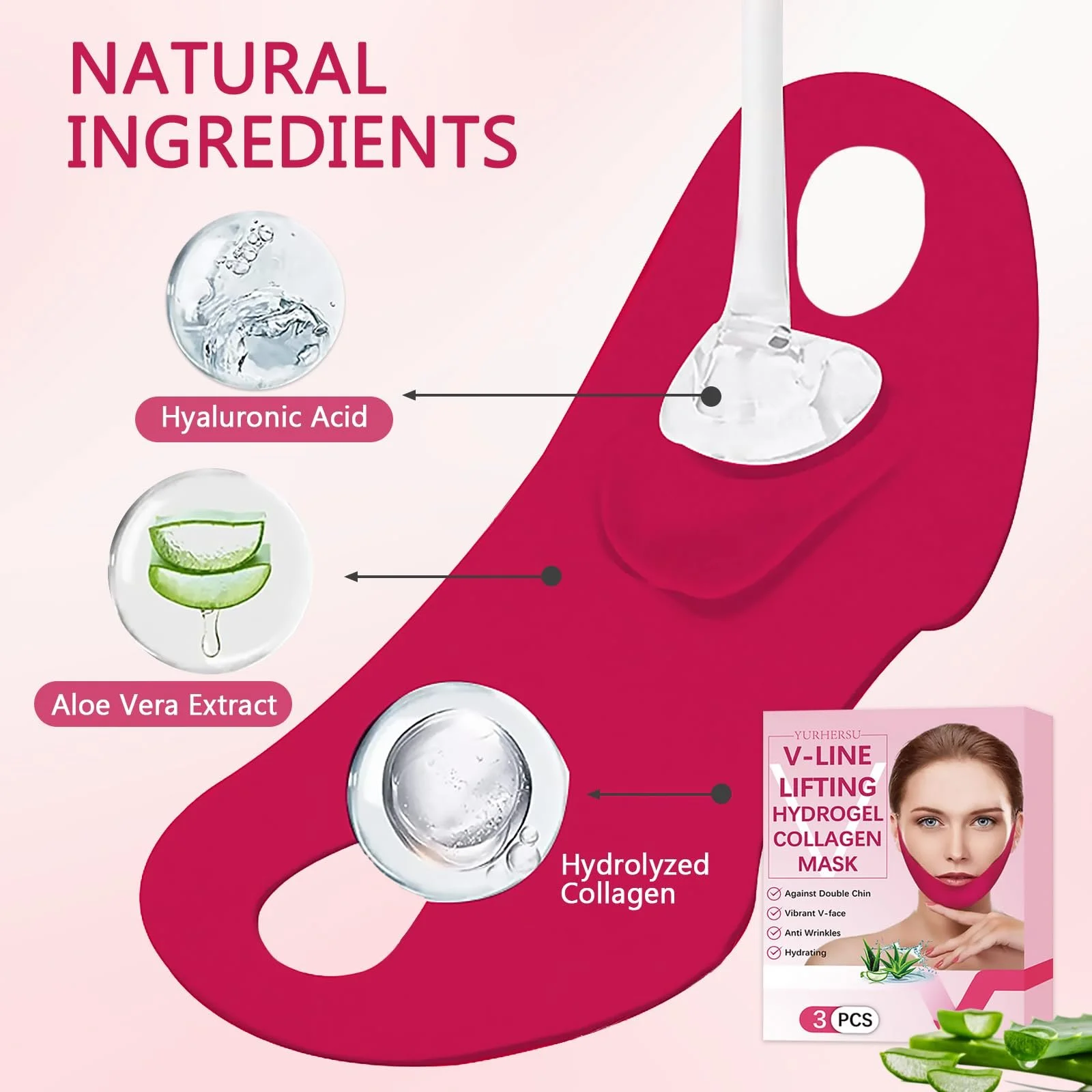 Маска для підборіддя V-подібна, для пружності шкіри, з алое вера, зволожуюча, 6 шт, фото №2
