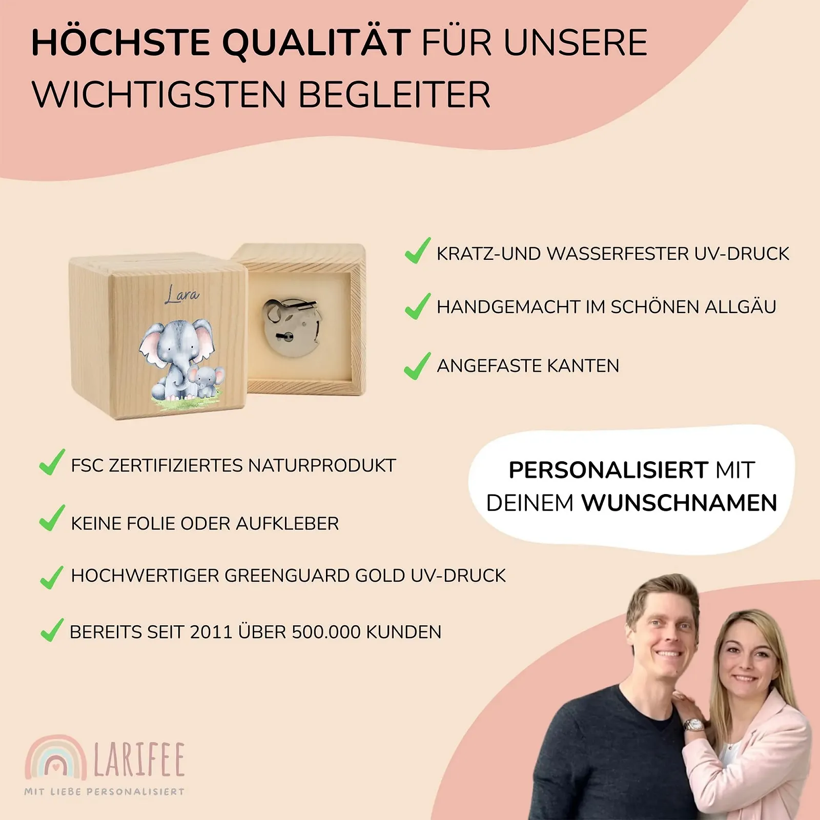 Копилка LARIFEE Персонализированная Деревянная куб со слоником на замке, фото №4