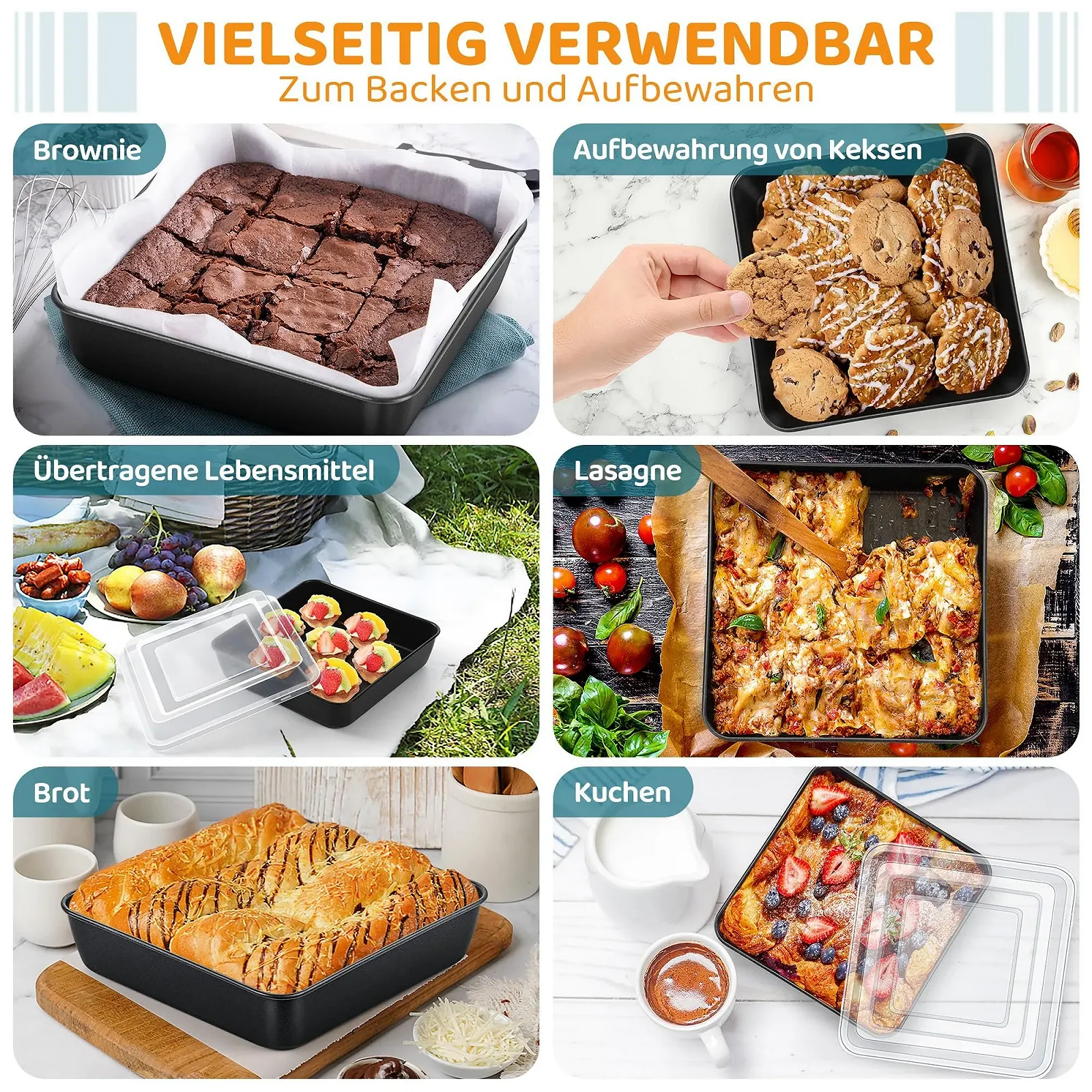 Форма для випікання HaWare Квадратна з кришкою нержавіюча сталь антипригарна 21 x 21 x 5 cm чорна, фото №7