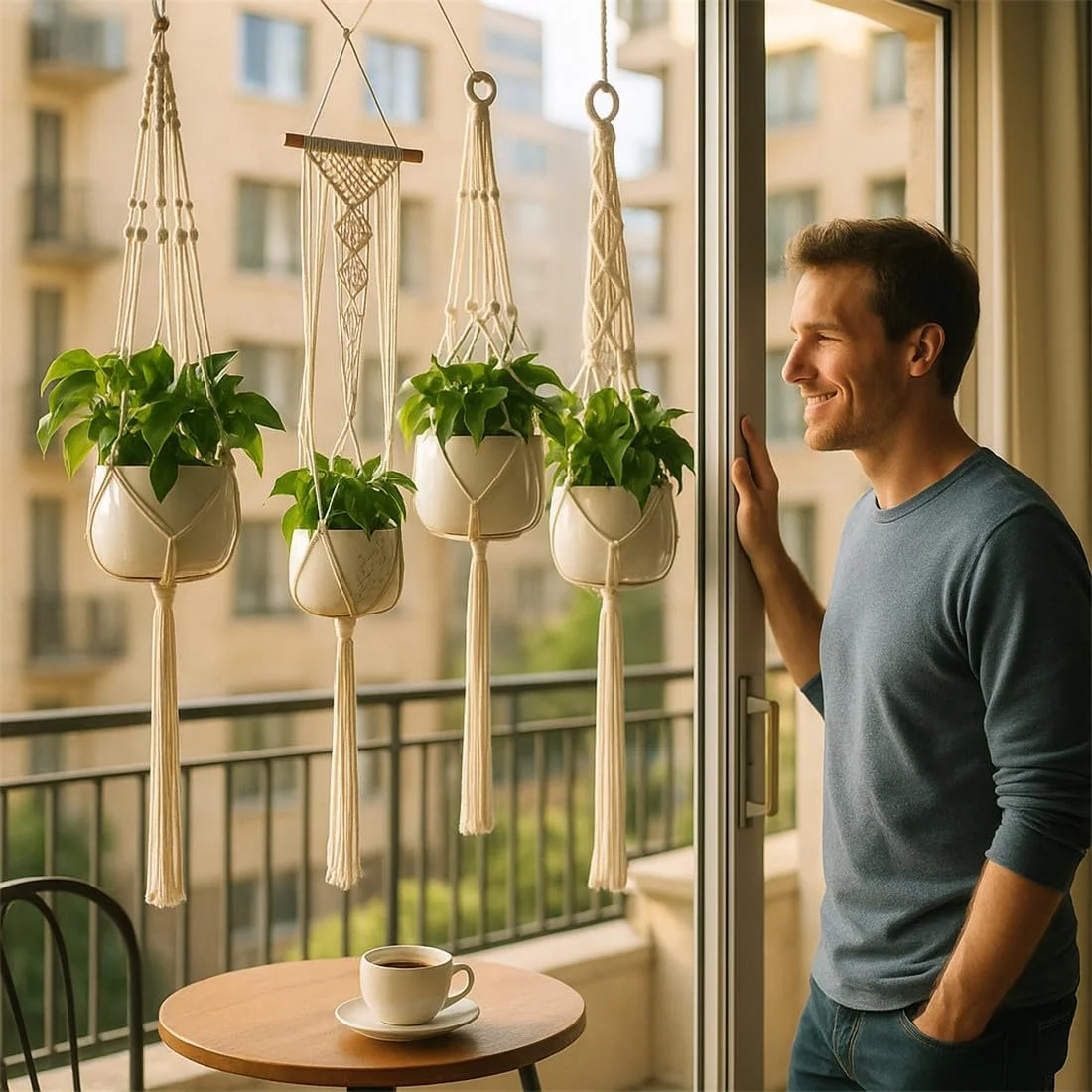 Підвісне кашпо макраме Набір 4 шт. Бавовна 10-25 см Біле, фото №9