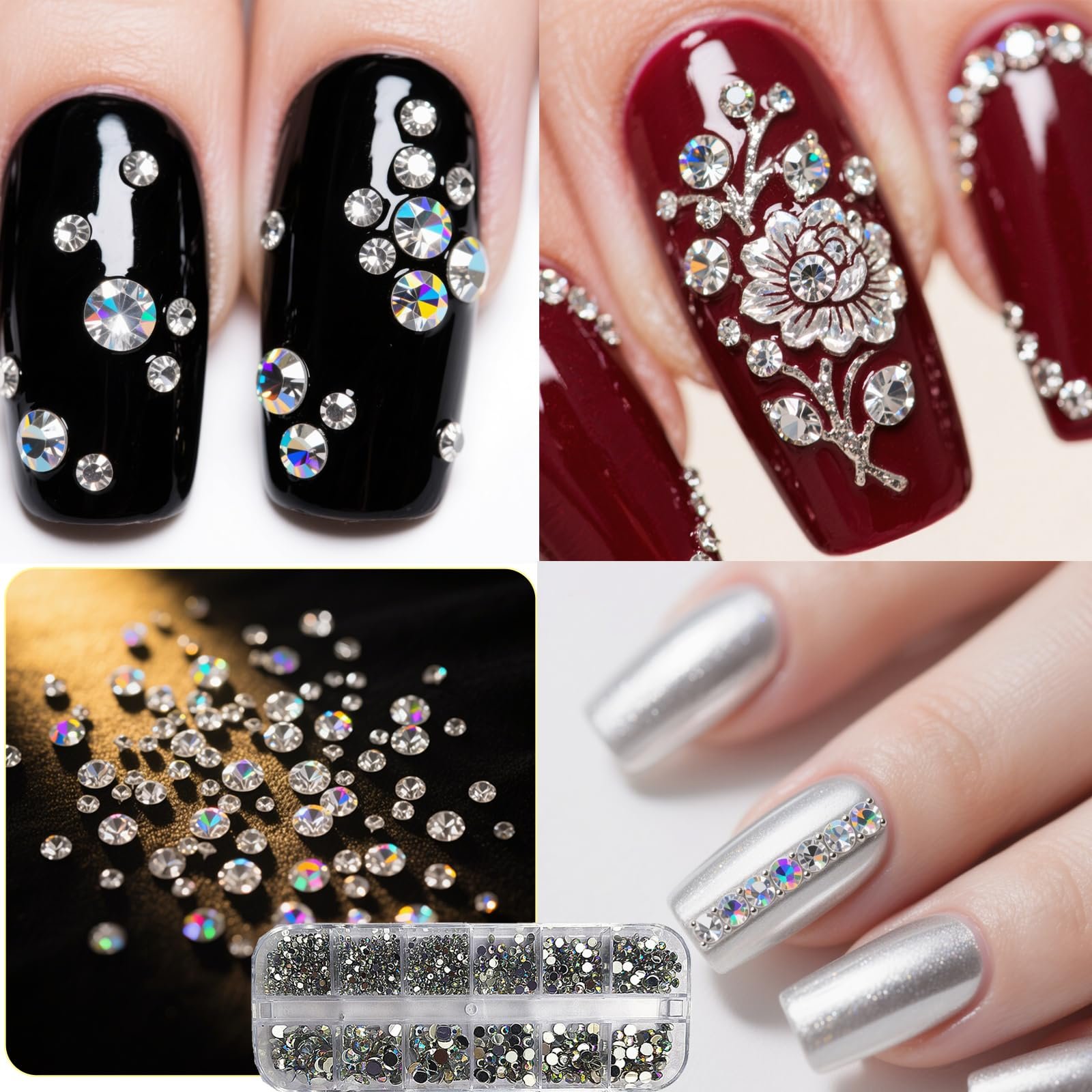 Стразы для ногтей 6200 шт., 4 коробки блестящих камней с пинцетом и ручкой для сбора страз, плоские стразы для одежды, поделок своими руками, фото №5