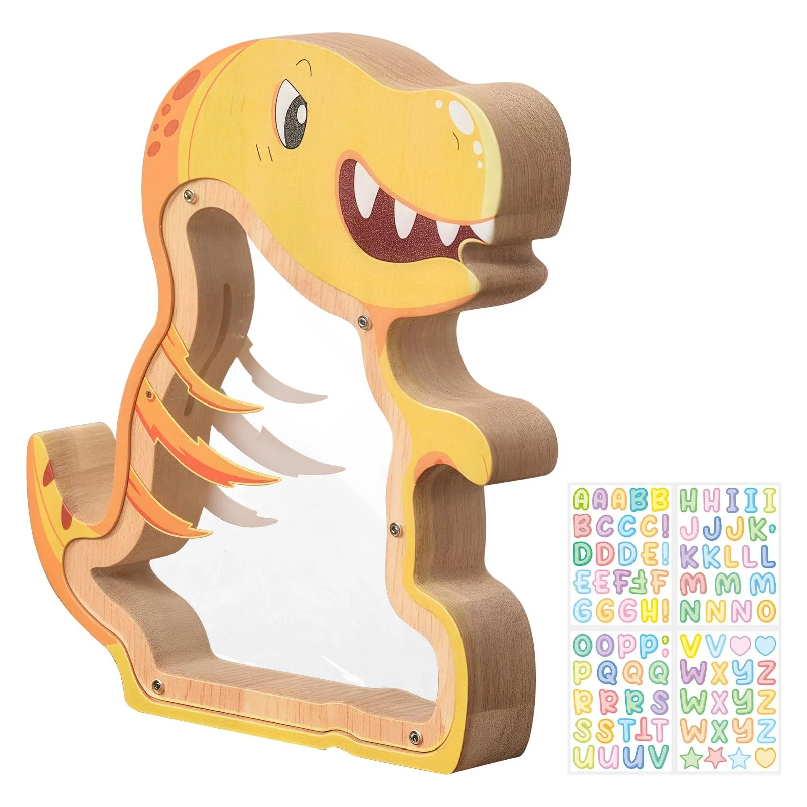 Скарбничка дерев'яна дитяча Динозавр із прозорим вікном та наклейками-літерами DIY, фото №1