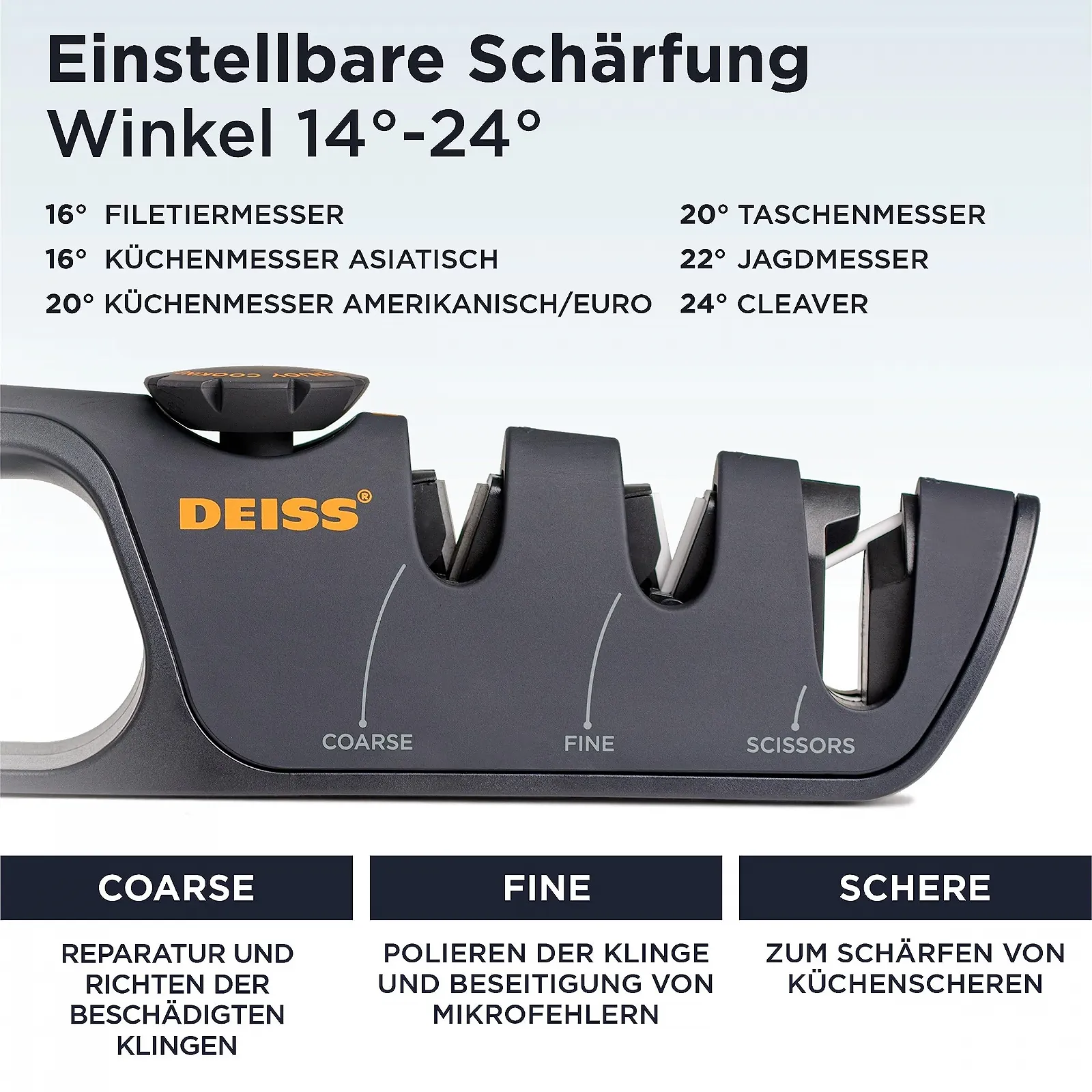 Точилка для ножів Deiss PRO ручна з регульованим кутом 3-етапна чорна, фото №4