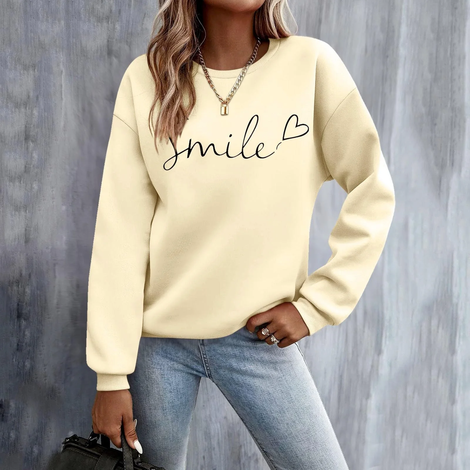Женская Толстовка 2024 Smiley Face Повседневная Круглая Шея Милый Топ Графическая Буква Свободный Крой Мультяшная Модная для Работы, фото №2
