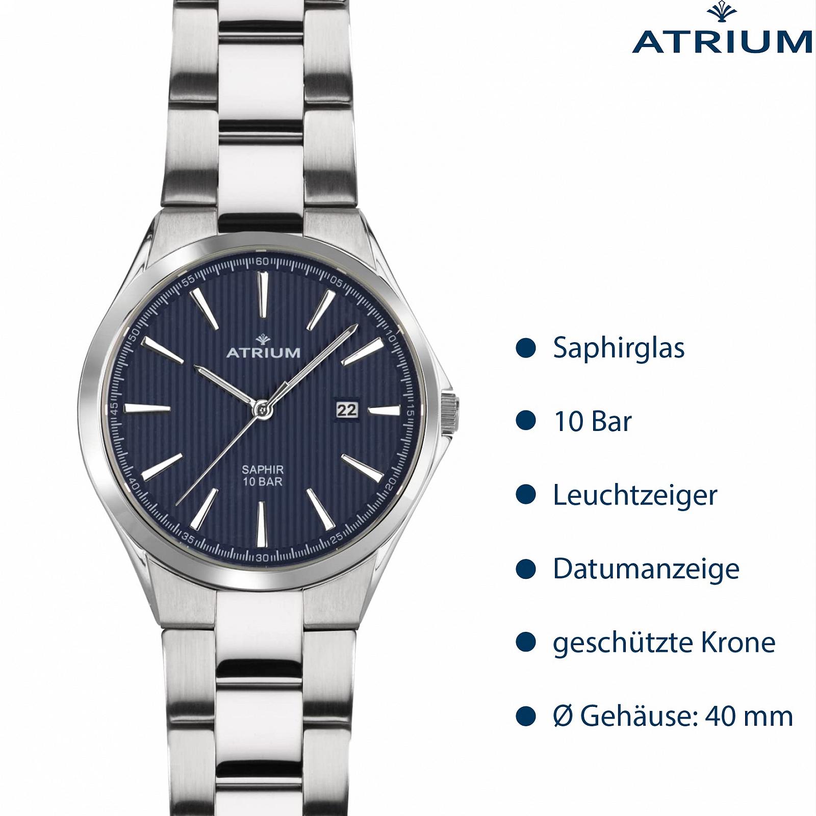 Часы Atrium A33-35 Мужские Аналоговые Кварцевые Нержавеющая сталь Сапфировое стекло с нержавеющим браслетом и указателем даты Серебристый Синий, фото №3 Часы Atrium A33-35 Мужские Аналоговые Кварцевые Нержавеющая сталь Сапфировое стекло с нержавеющим браслетом и указателем даты Серебристый Синий, фото №3