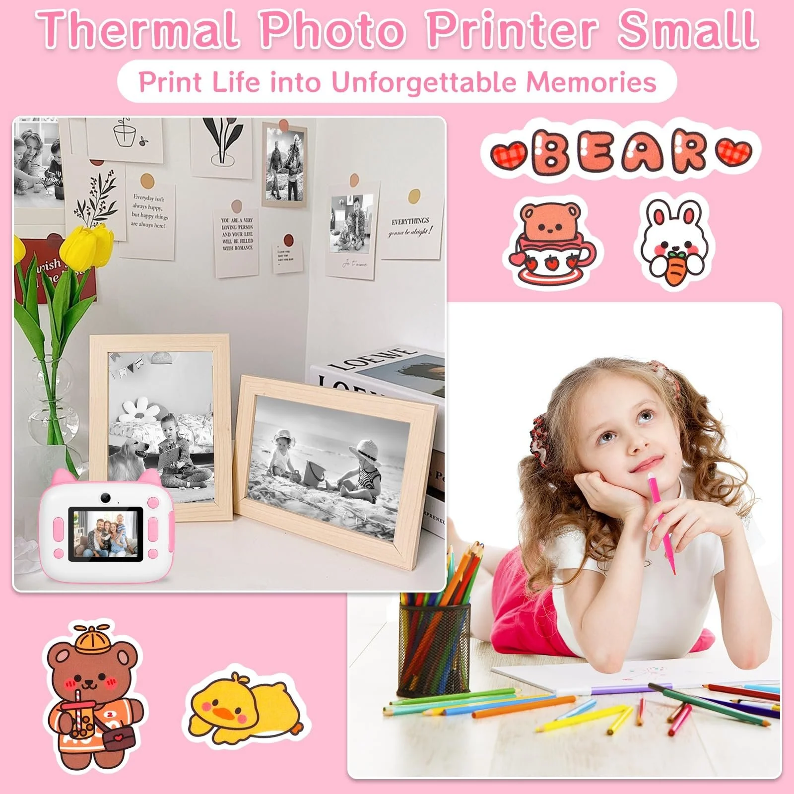 Детская фотокамера мгновенной печати 12MP 2.4-дюймовый экран 1080P с картой 32G, бумагой для печати и цветными ручками, фото №5