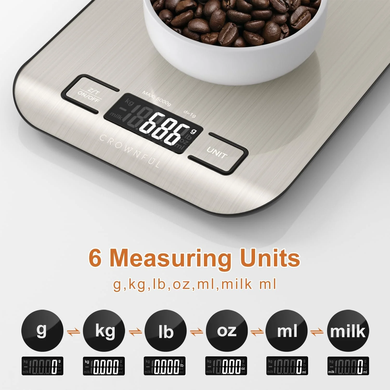 Кухонні ваги CROWNFUL Digital Kitchen Scales 5 kg РК-дисплей нержавіюча сталь 1 g, фото №2 Кухонні ваги CROWNFUL Digital Kitchen Scales 5 kg РК-дисплей нержавіюча сталь 1 g, фото №2