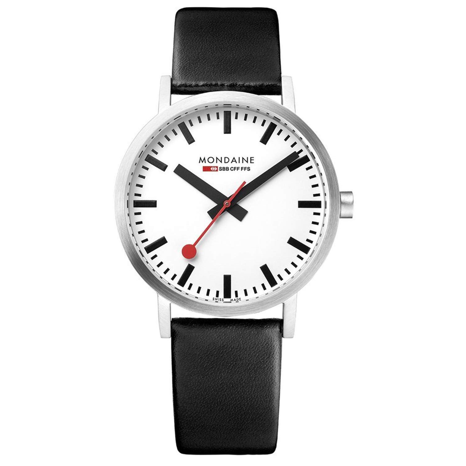 Годинник Mondaine Official Swiss Railways Classic жіночий/чоловічий кварцовий з чорним шкіряним ремінцем та червоною обшивкою, фото №1