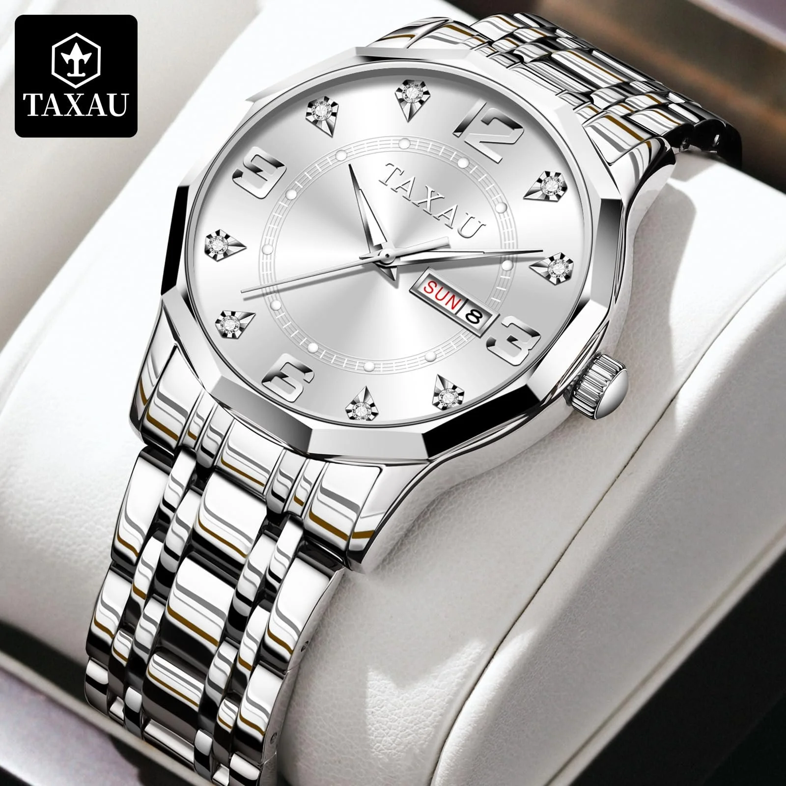 Мужские Часы Taxau Кварцевые Часы из Нержавеющей Стали Бизнес Часы с Датой Люминесцентные Водонепроницаемые Синий/Черный/Серый/Белый циферблат, серебряный браслет, фото №3 Мужские Часы Taxau Кварцевые Часы из Нержавеющей Стали Бизнес Часы с Датой Люминесцентные Водонепроницаемые Синий/Черный/Серый/Белый циферблат, серебряный браслет, фото №3