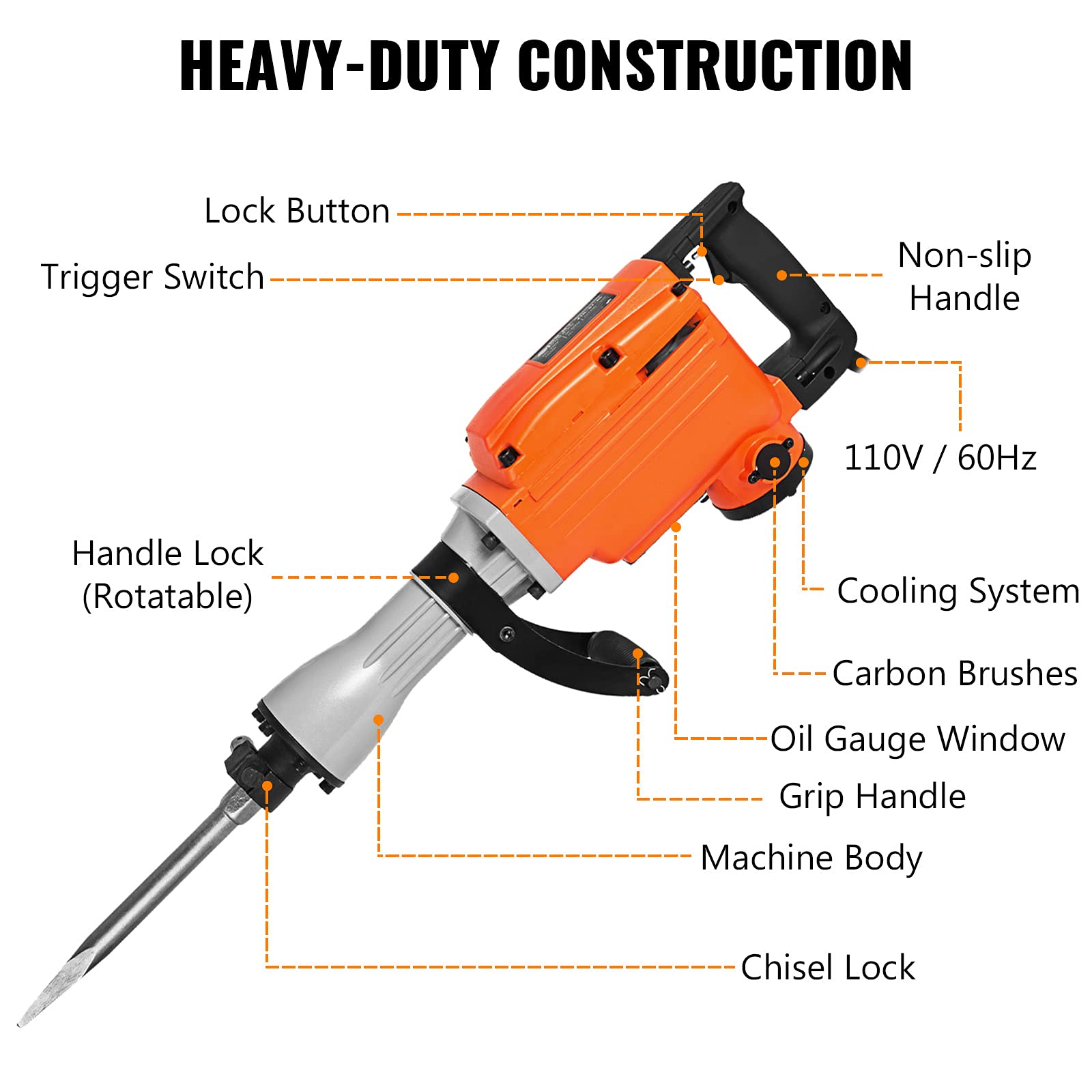 Электрический отбойный молоток Vevor 220В 2200W 28 x 12 x 7 Дюймов Разрыхлитель с 2 заостренными/плоскими зубилами защитными очками перчатками, фото №3 Электрический отбойный молоток Vevor 220В 2200W 28 x 12 x 7 Дюймов Разрыхлитель с 2 заостренными/плоскими зубилами защитными очками перчатками, фото №3