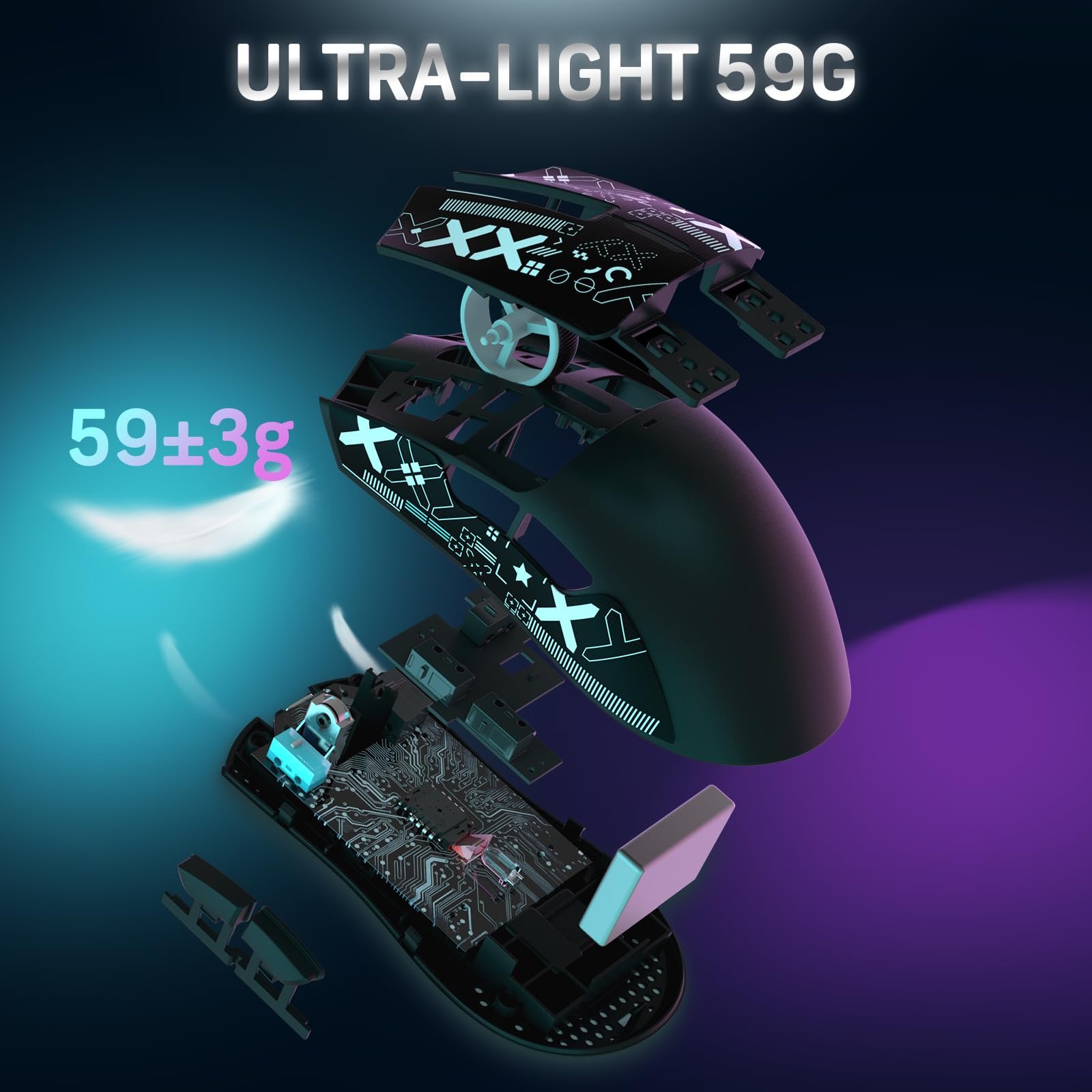 Мышь Беспроводная Игровая Attack Shark X11 с RGB Подставкой для Магнитной Зарядки, Сенсор PixArt PAW3311, Сверхлегкая 59г, Три режима, 22K DPI - Черный и лента, фото №7