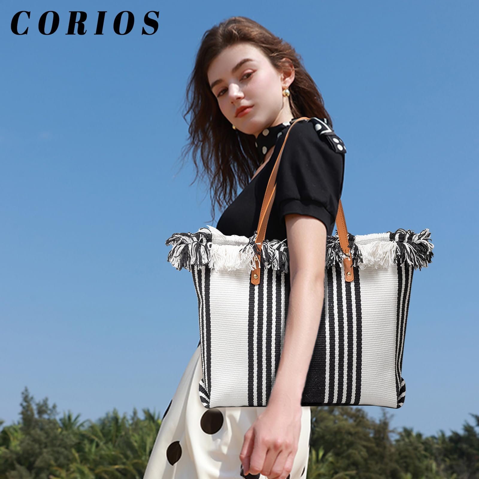 Сумка Холщова Жіноча CORIOS Пляжна Велика Сумка-тоут Богемна В'язана Різнобарвна Повсякденна Білі та чорні смуги, L, вінтажна, фото №2 Сумка Холщова Жіноча CORIOS Пляжна Велика Сумка-тоут Богемна В'язана Різнобарвна Повсякденна Білі та чорні смуги, L, вінтажна, фото №2