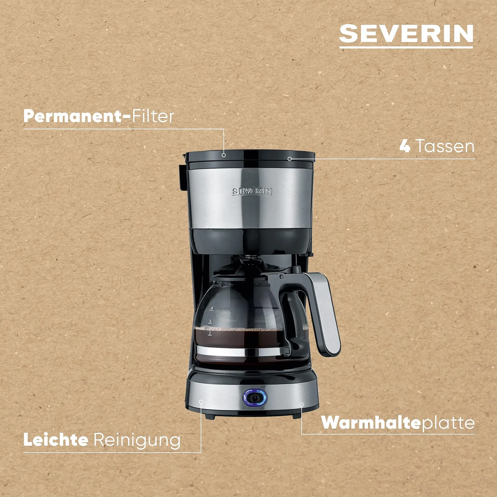 Кофеварка SEVERIN Compact KA 4808, для приготовления ароматного кофе до 4 чашек, фильтр-кофеварка с постоянным поворотным фильтром, нержавеющая сталь/черный, фото №4 Кофеварка SEVERIN Compact KA 4808, для приготовления ароматного кофе до 4 чашек, фильтр-кофеварка с постоянным поворотным фильтром, нержавеющая сталь/черный, фото №4