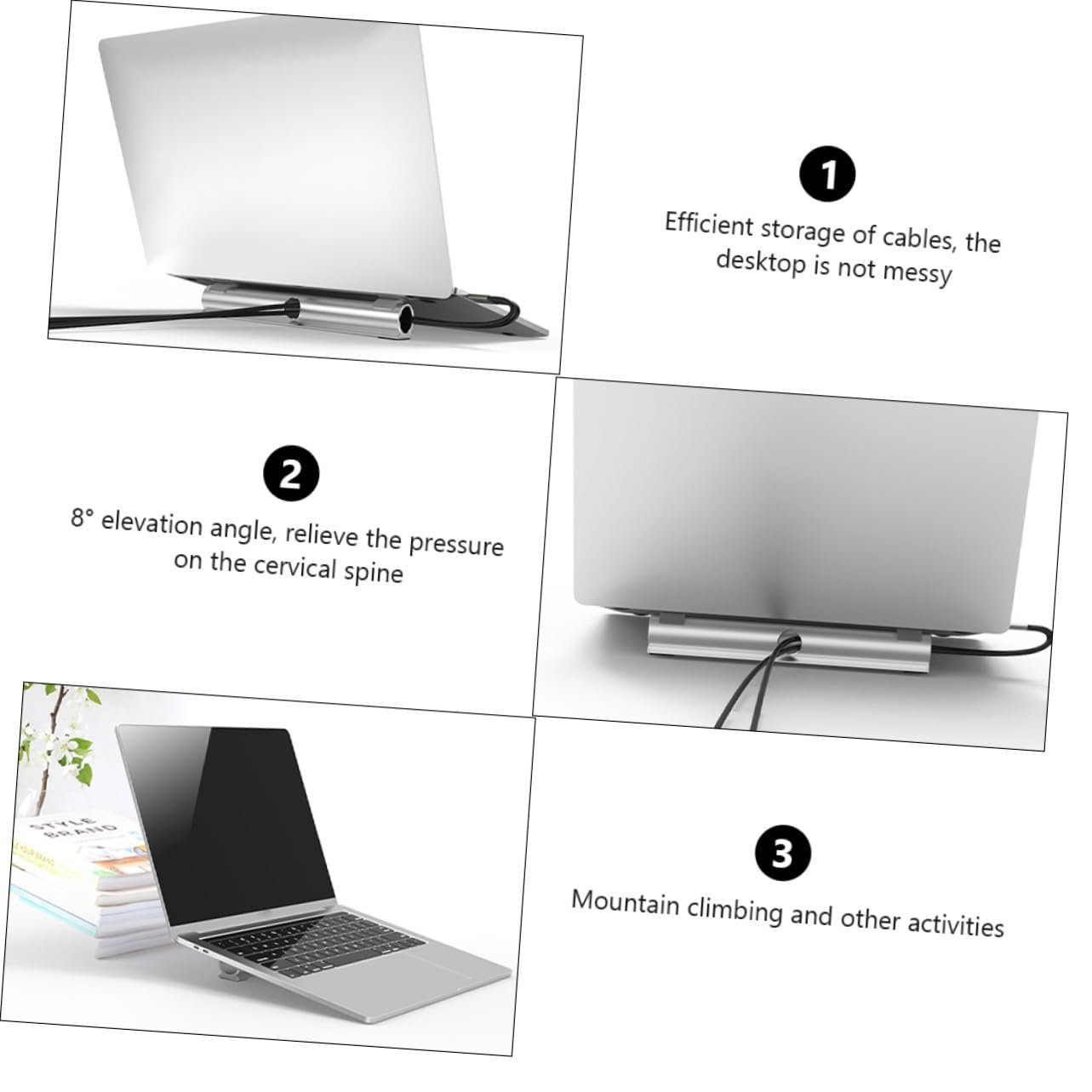 Подставка для ноутбука SEWACC алюминиевая Охлаждающая подставка для ноутбуков Нескользящая подставка для ноутбука с организацией кабелей Улучшенная циркуляция воздуха и эргономичный подъем для лучшего комфорта сидения, фото №8