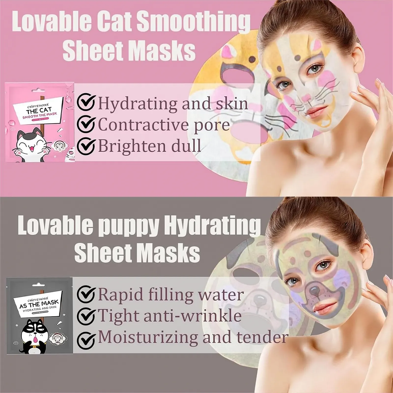 Тканинна Маска для Обличчя Набір Масок для Обличчя для Дівчат-Підлітків З Тваринами Набір з 5 штук, фото №3