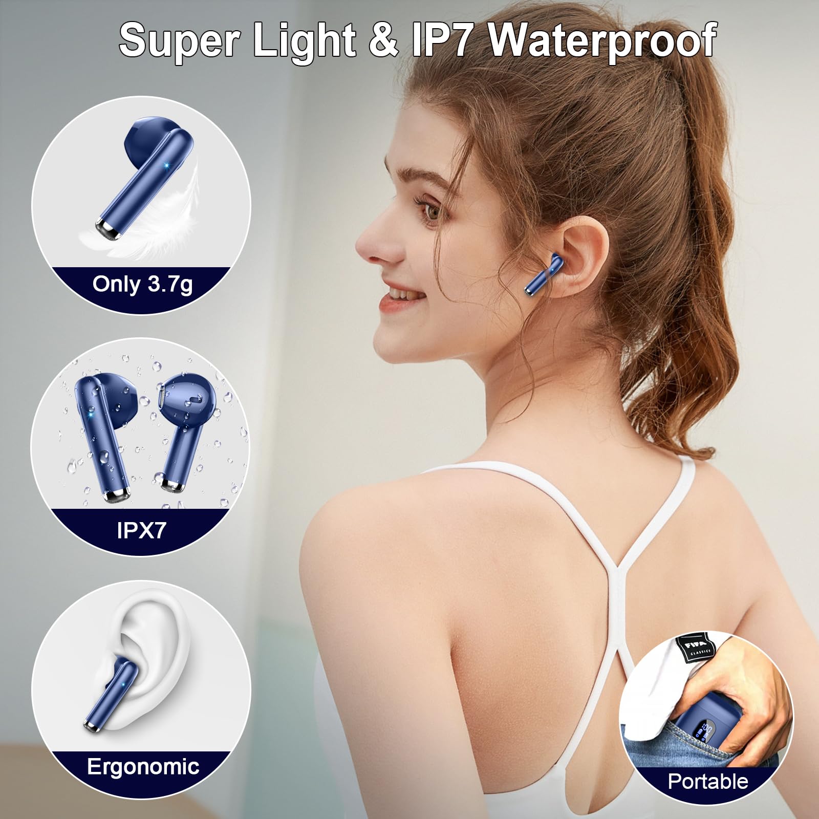 Навушники Bluetooth 5.3 з 4 ENC мікрофонами бездротові вкладиші з шумопоглинанням 30 годин глибокого басу USB-C IP7 водонепроникні зі світлодіодним дисплеєм, фото №6
