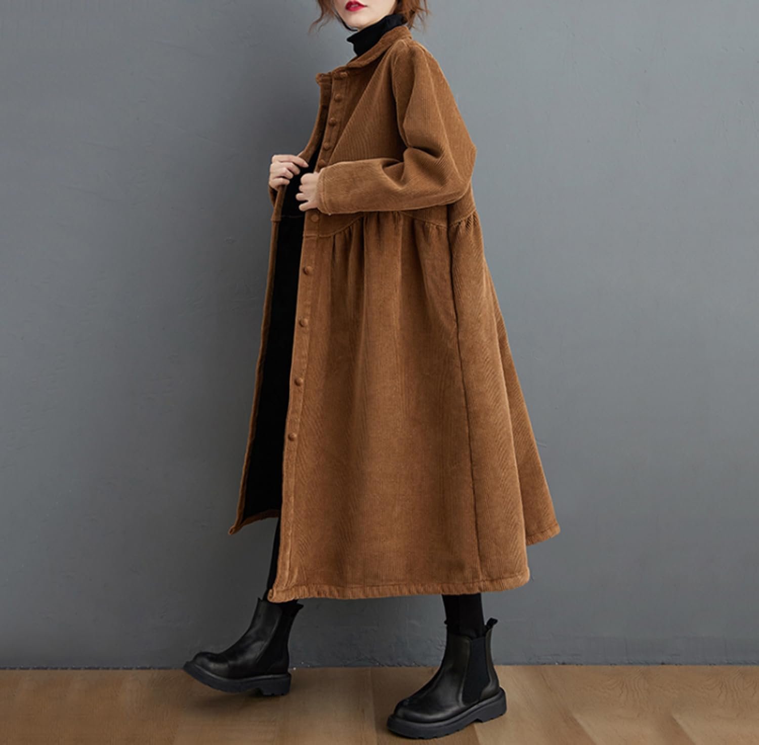 Жіноче пальто Suncadmious з довгого вельвету, весняне, з ґудзиками та бічними кишенями, тренч, утеплене, фото №4