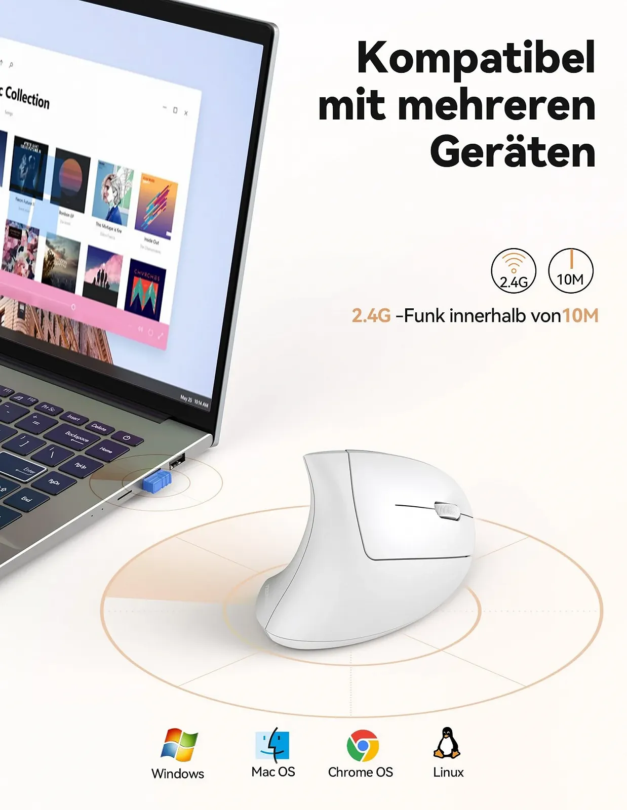 Мышь TechRise Беспроводная вертикальная 4800 DPI оптическая Тихая 6 кнопок Белый, фото №4