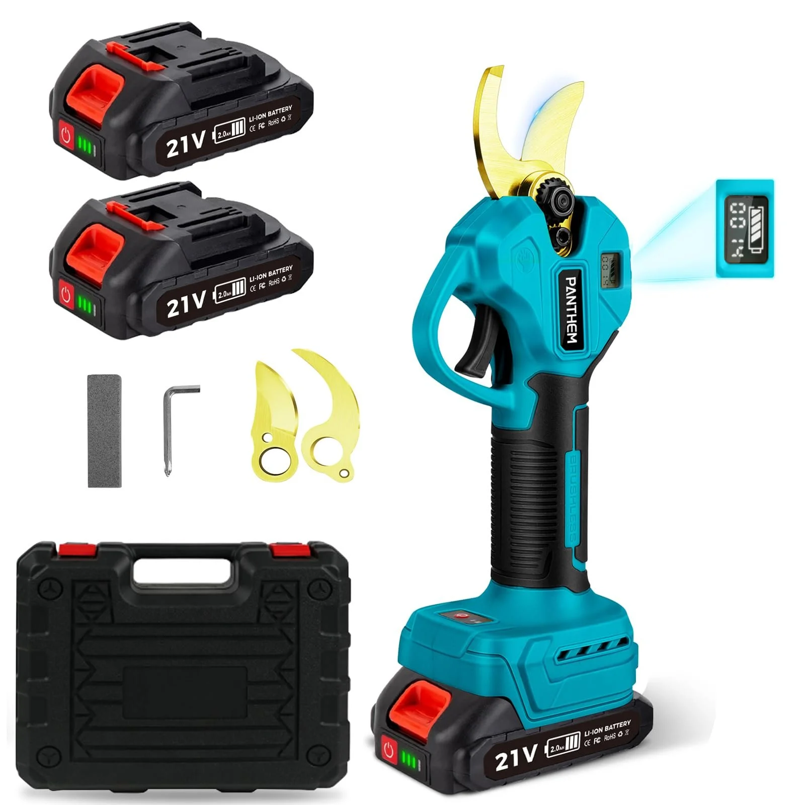 Акумуляторні гілкорізи з акумулятором і зарядним пристроєм 21 В 2000 мАг, професійні безщіткові електричні ножиці для обрізки з РК-дисплеєм, фото №1