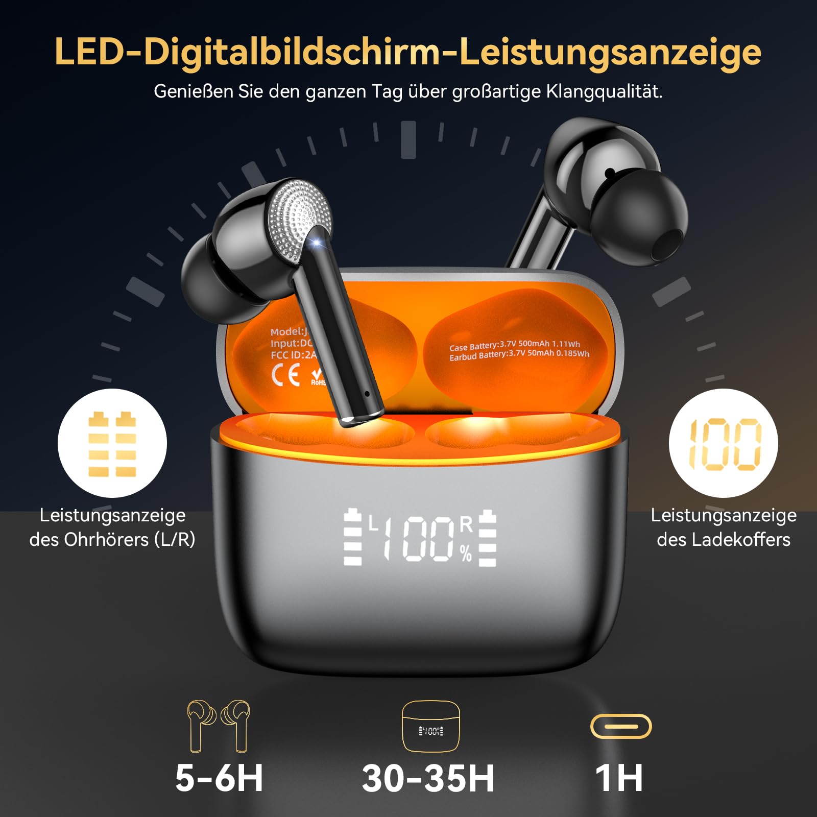 Наушники Bluetooth Беспроводные 5.3 Вставные с 4 ENC Микрофонами Глубокие Басовые Вкладыши 40 Часов IP7 Водонепроницаемые Светодиодный Дисплей/USB-C Оранжевые, фото №5