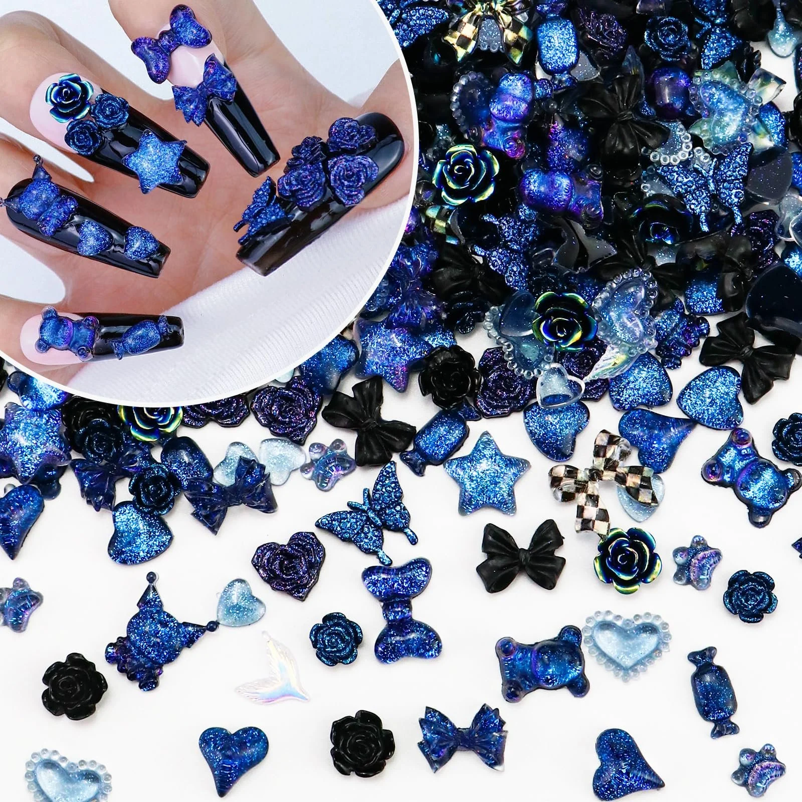 3D Украшения для ногтей Сердце Звезда Бантик Цветок Медведь Черные украшения для акриловых ногтей Каваи Y2K для маникюра Изготовление ювелирных изделий 320 шт, фото №1