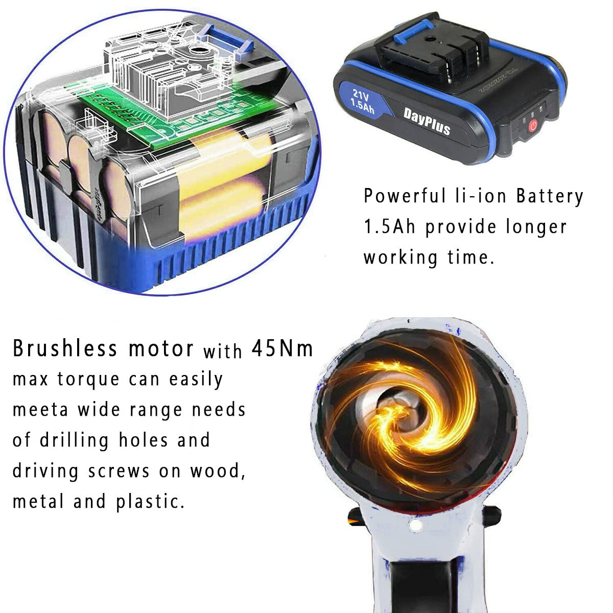 Безшнурова дриль Шурупокрут 21 В 45 Нм з акумулятором 1500 мАг 18+1 рівнів крутного моменту 2 передачі з LED підсвіткою, фото №5