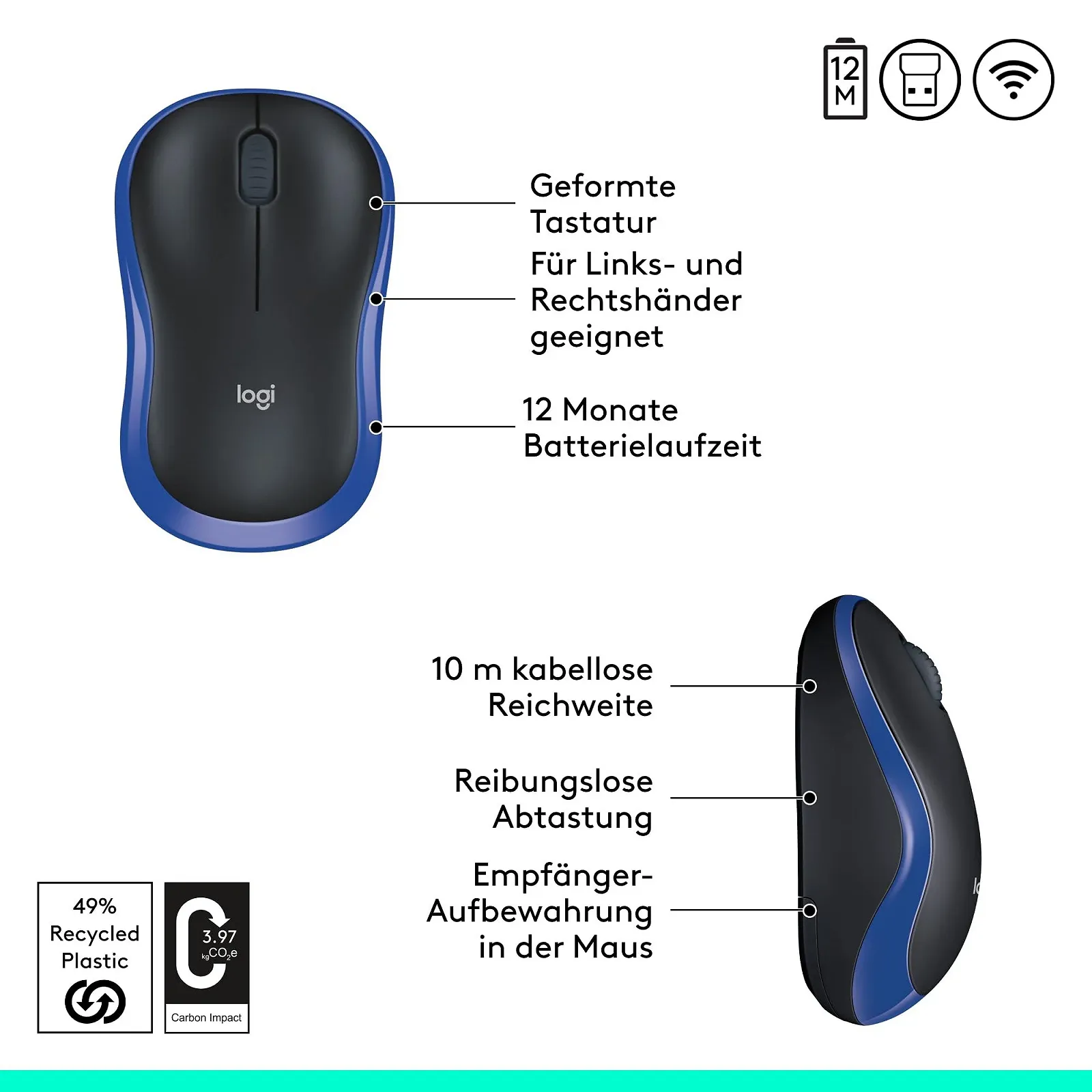 Миша Бездротова Logitech M185 1000 DPI оптичний сенсор синій (Англійська упаковка), фото №7 Миша Бездротова Logitech M185 1000 DPI оптичний сенсор синій (Англійська упаковка), фото №7