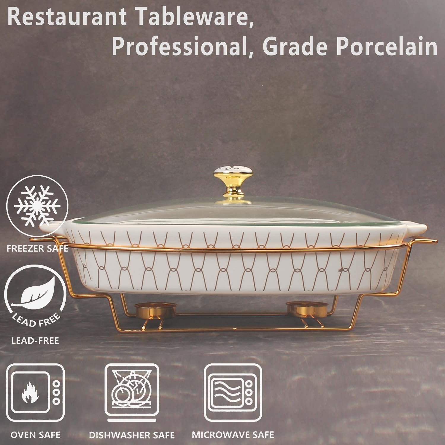 Форма для запекания фарфоровая овальная со стеклянной крышкой и подставкой 1600 мл, фото №3