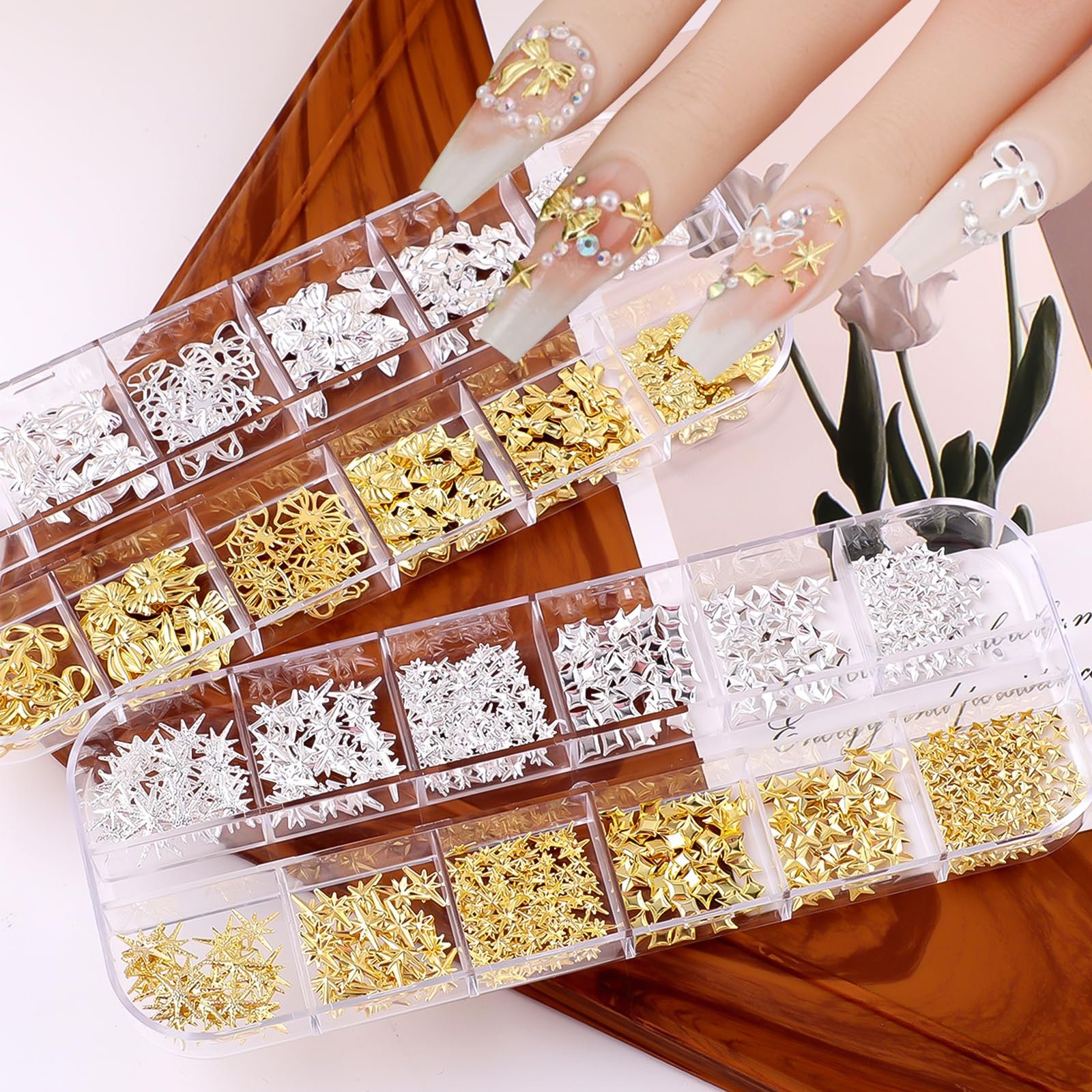 Набір прикрас для нігтів lafo, 3 коробки, 36 видів, золоті та срібні зірки та бантики, фото №4
