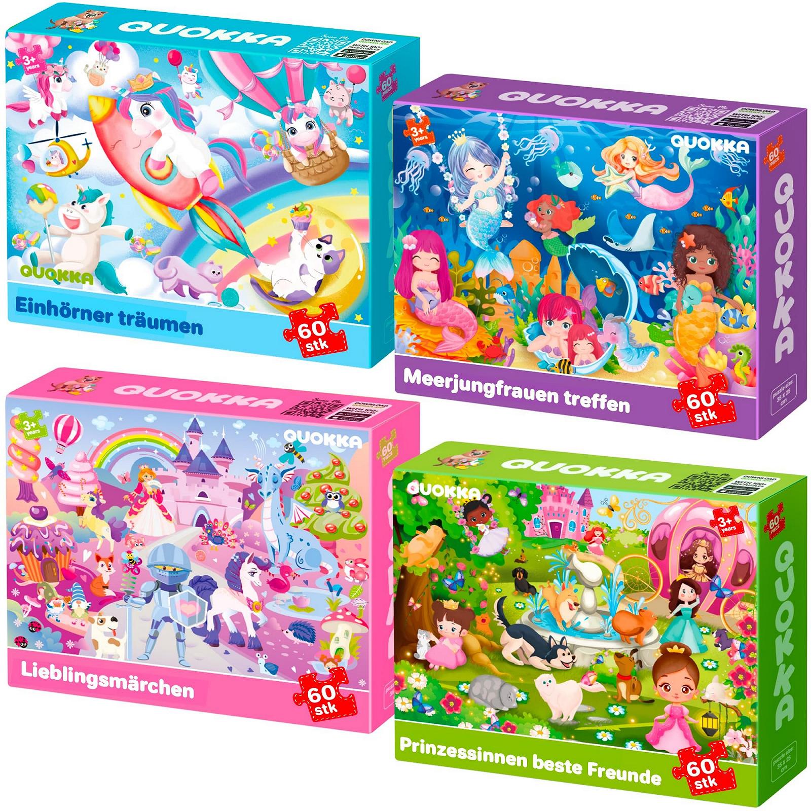 Рамочный пазл QUOKKA 4 x 60 элементов Принцесса Единорог Русалка Животные, фото №1