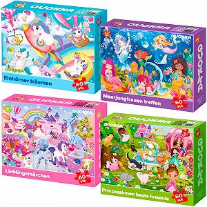 Рамочный пазл QUOKKA 4 x 60 элементов Принцесса Единорог Русалка Животные - Фото 1