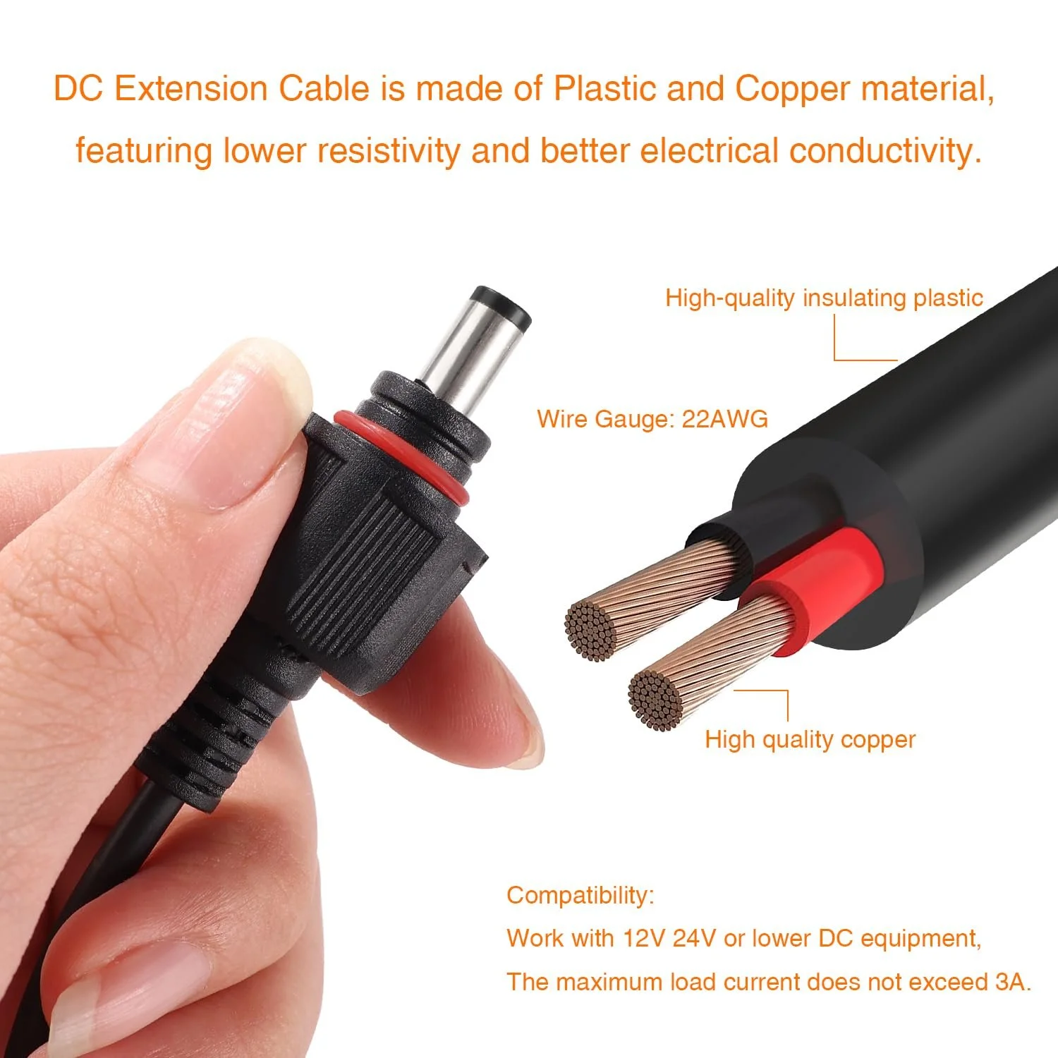 Подовжувач кабелю живлення DC 8 м 5.5 x 2.1 мм IP67 12 V 24 V 22 AWG Male Female, фото №3