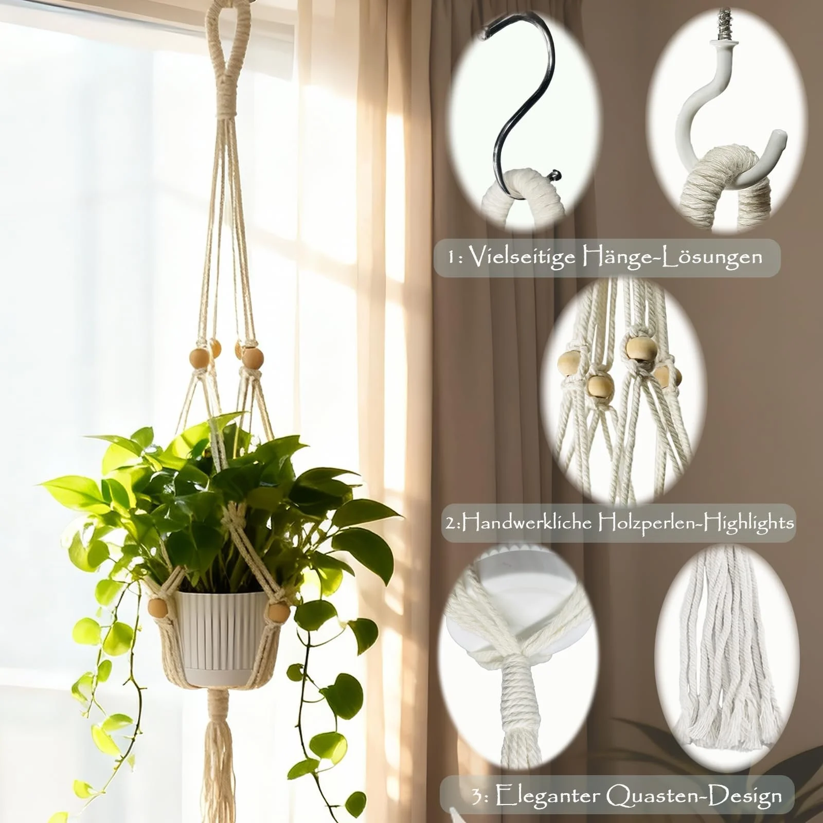 Подвесное кашпо макраме 2 шт. Хлопковый держатель для растений в стиле бохо с кисточками и крючками 90 см Белый, фото №7