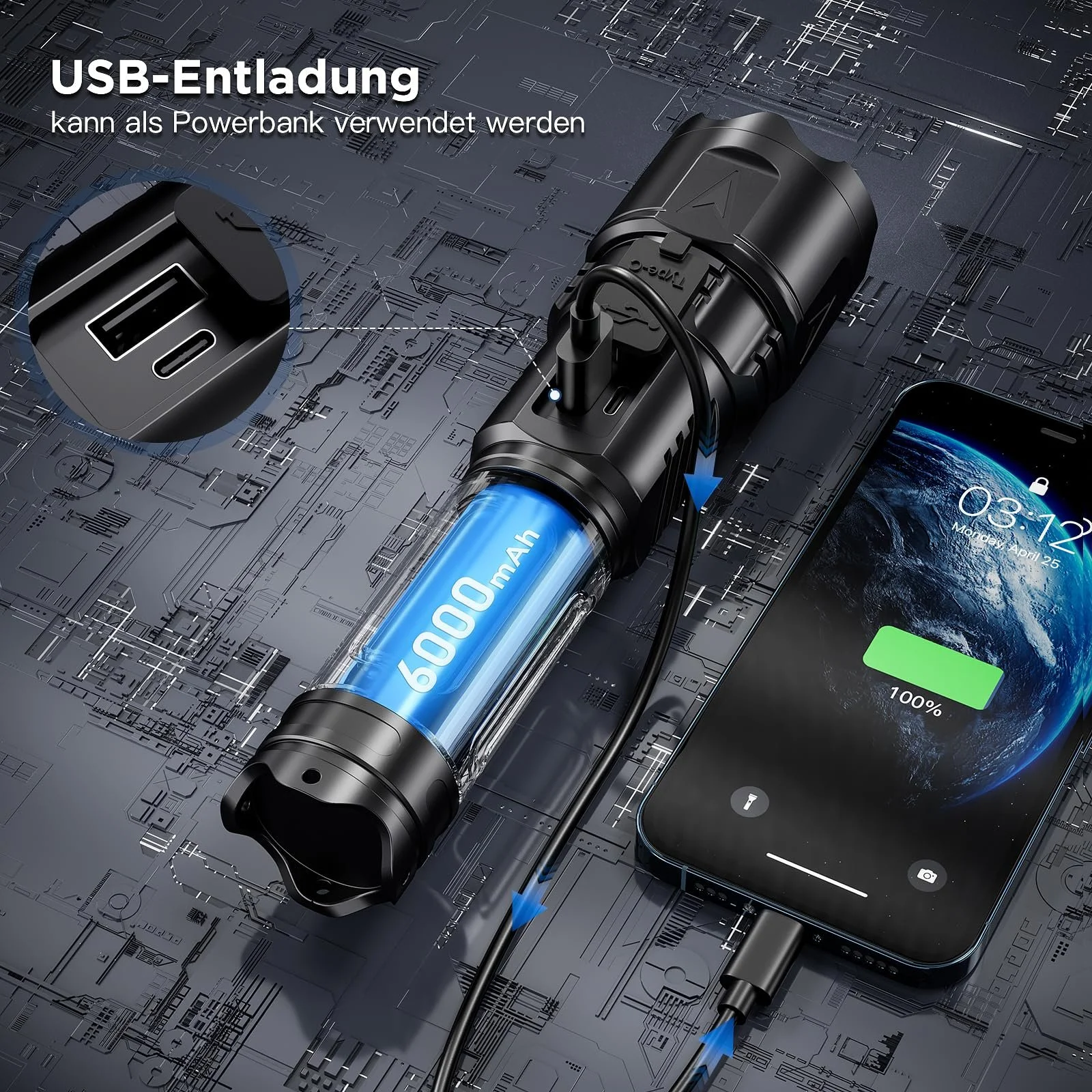 LED Ліхтар Esgofo Надзвичайно Яскравий 1000000 Люмен USB C Перезаряджається, Далекобійний Яскравий Багатофункціональний Тактичний Чорний, фото №5