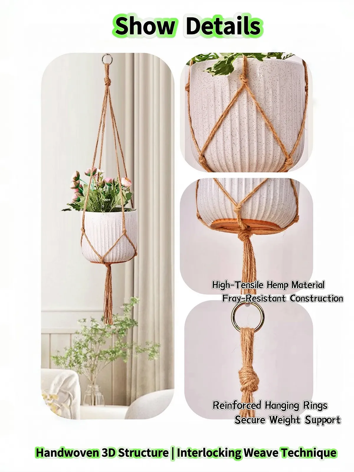 Підвісні кашпо макраме бавовняні, набір 3 шт., 90/105/120 см, з металевими гачками, фото №3